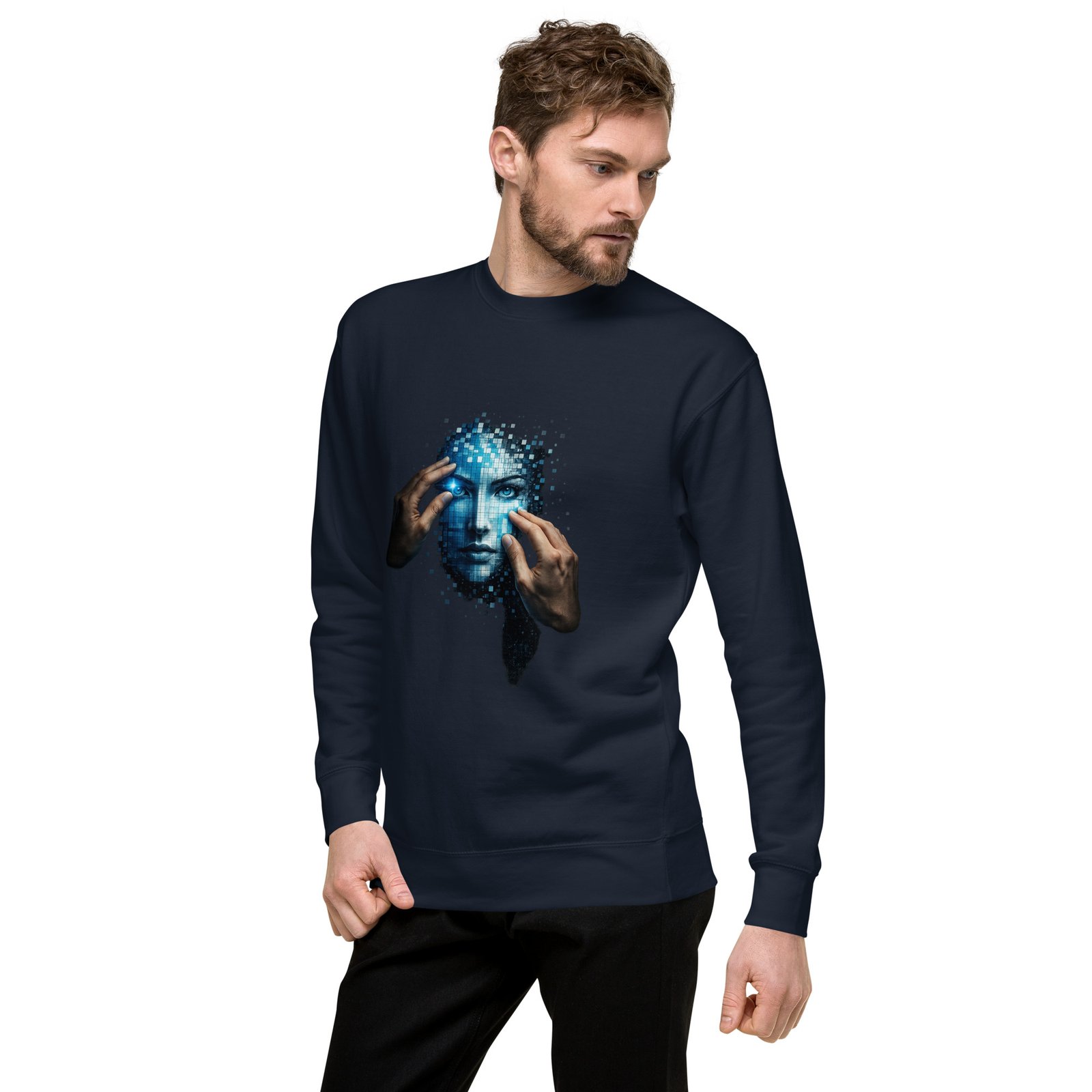 Męska bluza artystyczna „Cyfrowa Tożsamość” – bluza męska z futurystyczną twarzą AI| Zarn.pl Męska bluza artystyczna „Cyfrowa Tożsamość” – bluza męska z futurystyczną twarzą AI - obrazek 14