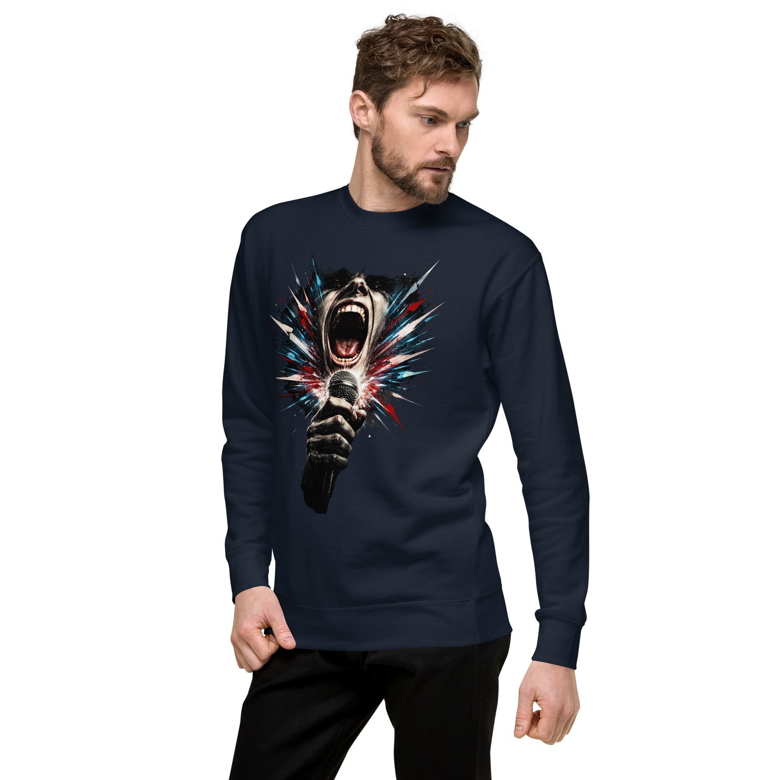 Męska bluza artystyczna „Krzyk Sceny” – bluza męska z wokalistą rockowym i mikrofonem| Zarn.pl Męska bluza artystyczna „Krzyk Sceny” – bluza męska z wokalistą rockowym i mikrofonem - obrazek 14