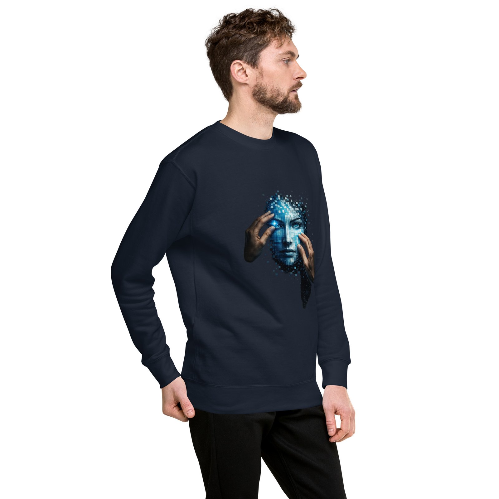 Męska bluza artystyczna „Cyfrowa Tożsamość” – bluza męska z futurystyczną twarzą AI| Zarn.pl Męska bluza artystyczna „Cyfrowa Tożsamość” – bluza męska z futurystyczną twarzą AI - obrazek 18