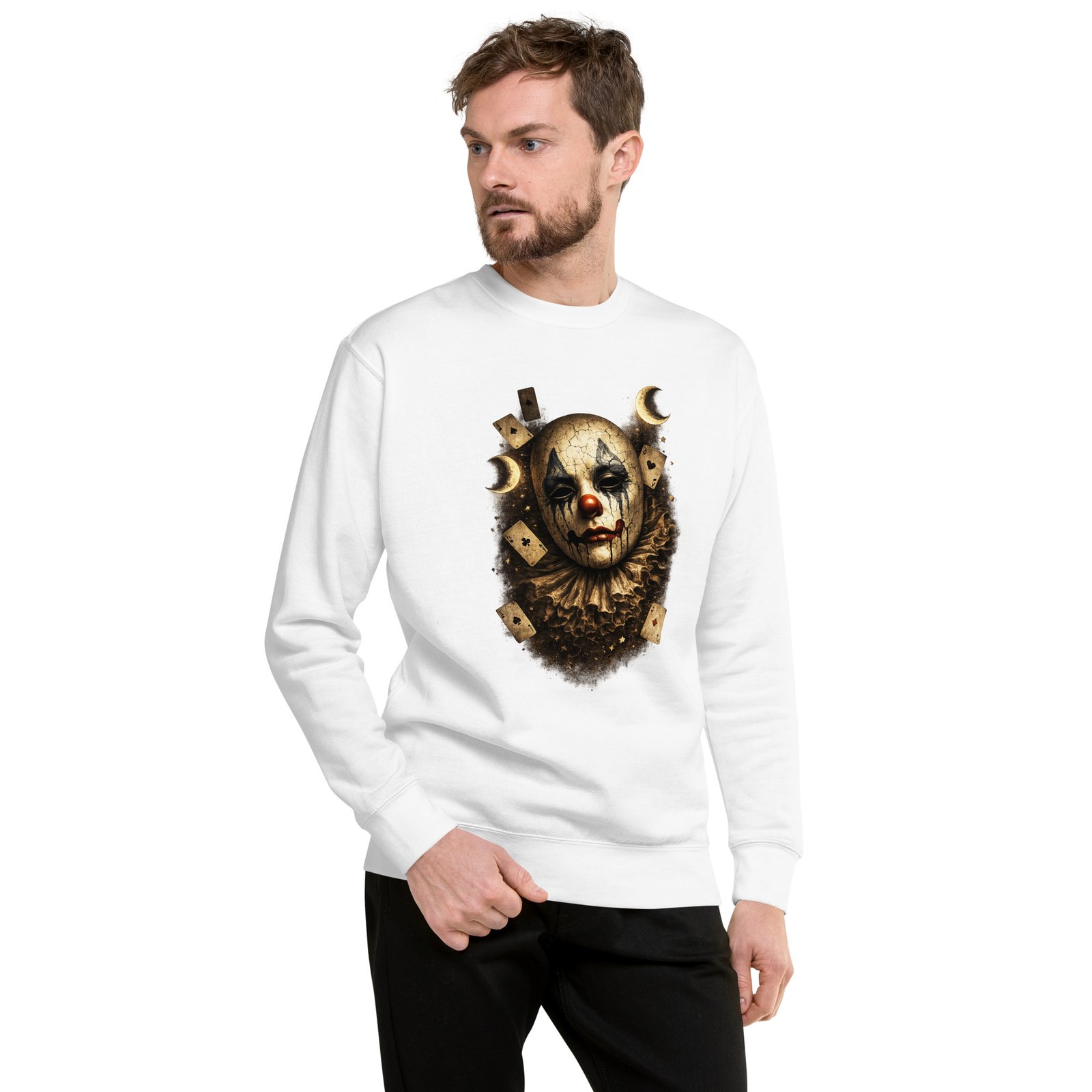 Męska bluza artystyczna „Mroczny Klaun” – bluza męska z maską klauna i kartami| Zarn.pl Męska bluza artystyczna „Mroczny Klaun” – bluza męska z maską klauna i kartami - obrazek 8