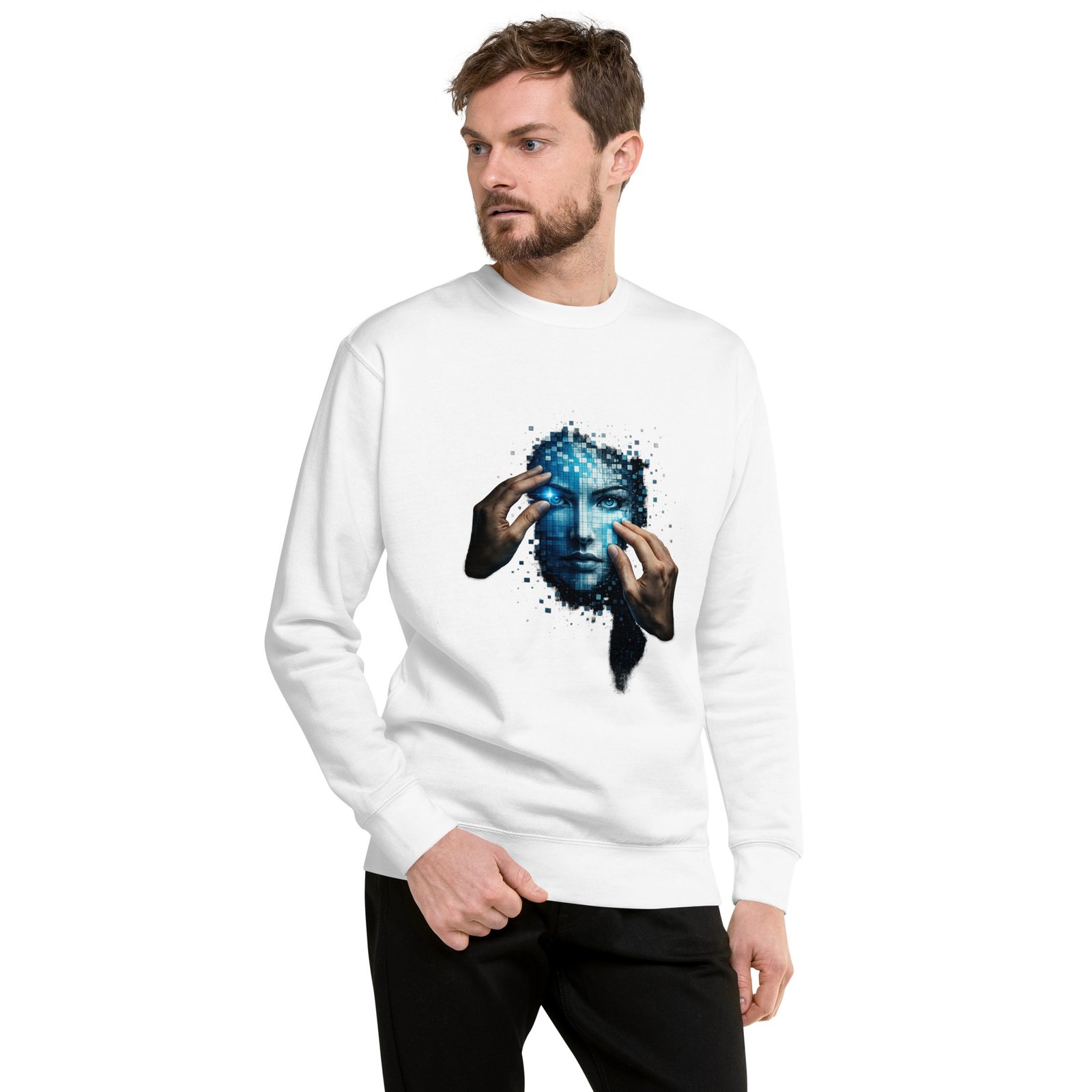 Męska bluza artystyczna „Cyfrowa Tożsamość” – bluza męska z futurystyczną twarzą AI| Zarn.pl Męska bluza artystyczna „Cyfrowa Tożsamość” – bluza męska z futurystyczną twarzą AI - obrazek 8
