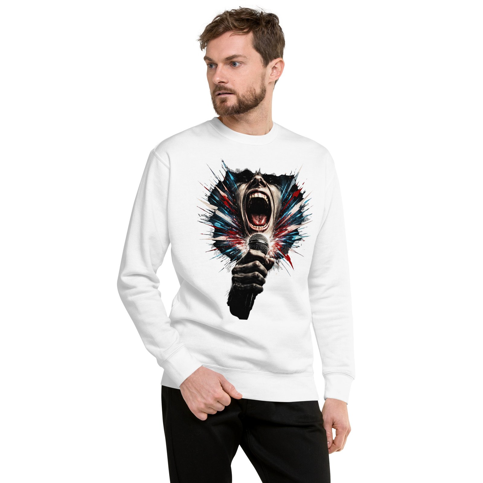 Męska bluza artystyczna „Krzyk Sceny” – bluza męska z wokalistą rockowym i mikrofonem| Zarn.pl Męska bluza artystyczna „Krzyk Sceny” – bluza męska z wokalistą rockowym i mikrofonem - obrazek 8