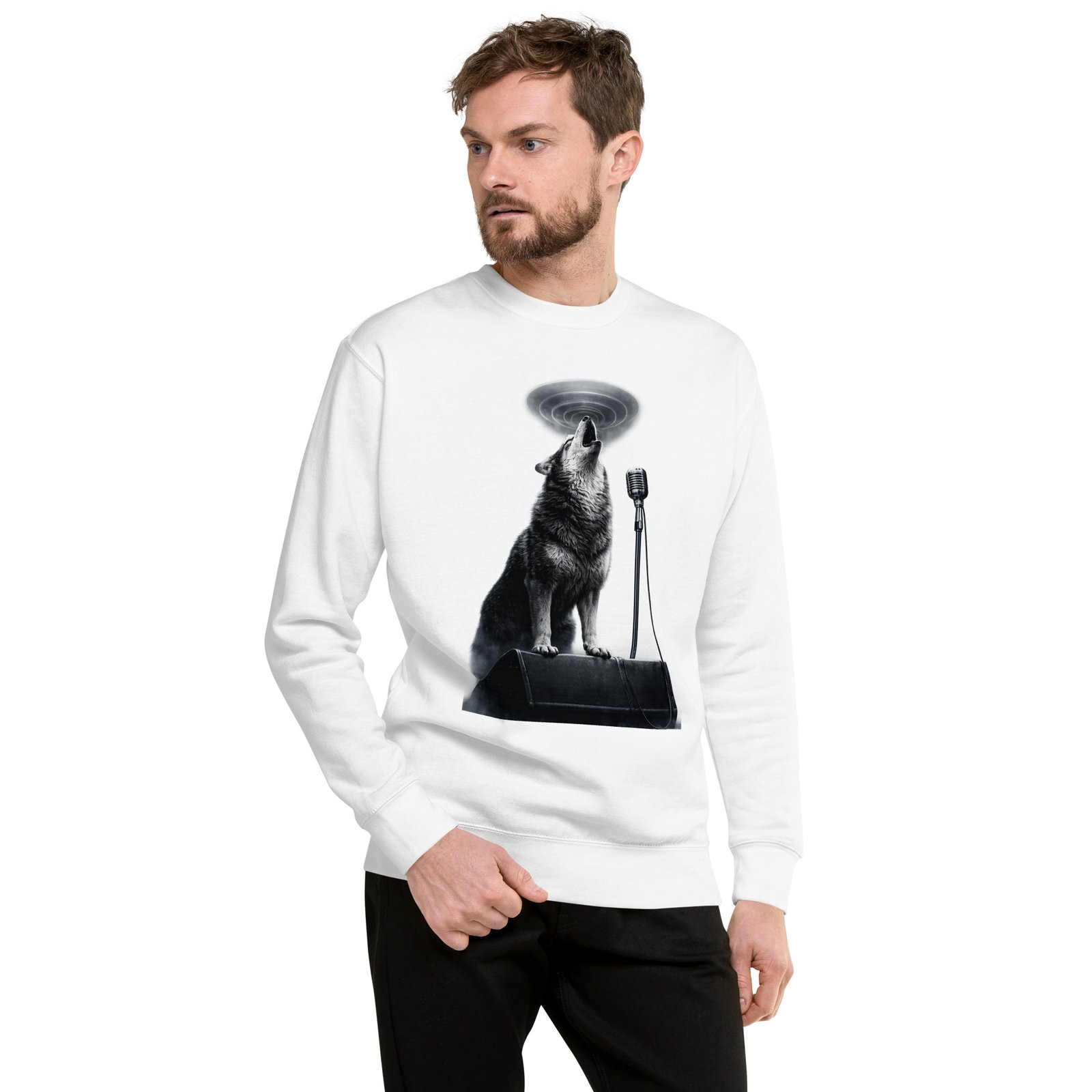 Bluza męska „Wilk Rockowy Wokalista” – bluza męska z nadrukiem wyjącego wilka przy mikrofonie| Zarn.pl Bluza męska „Wilk Rockowy Wokalista” – bluza męska z nadrukiem wyjącego wilka przy mikrofonie - obrazek 8