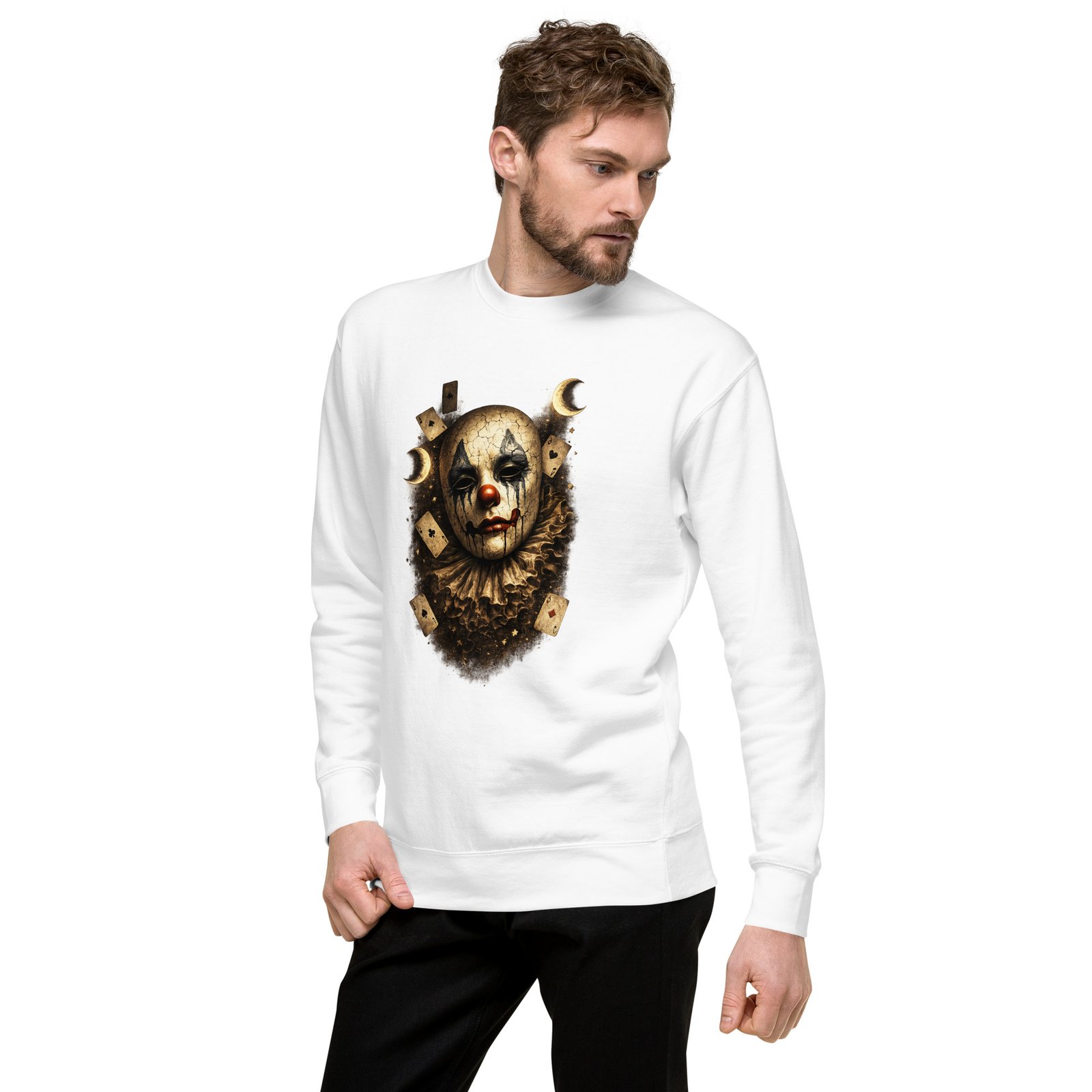 Męska bluza artystyczna „Mroczny Klaun” – bluza męska z maską klauna i kartami| Zarn.pl Męska bluza artystyczna „Mroczny Klaun” – bluza męska z maską klauna i kartami - obrazek 16