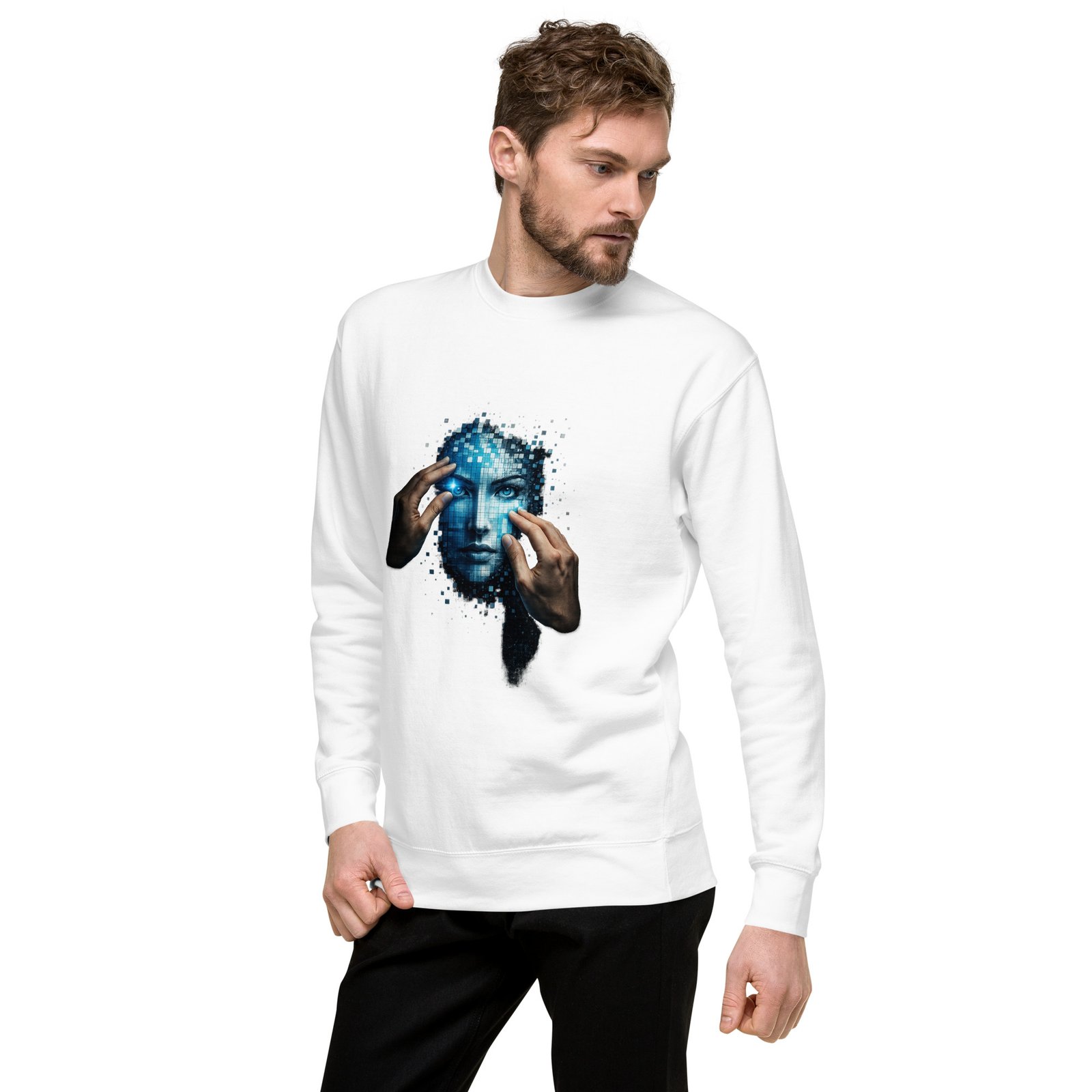 Męska bluza artystyczna „Cyfrowa Tożsamość” – bluza męska z futurystyczną twarzą AI| Zarn.pl Męska bluza artystyczna „Cyfrowa Tożsamość” – bluza męska z futurystyczną twarzą AI - obrazek 16