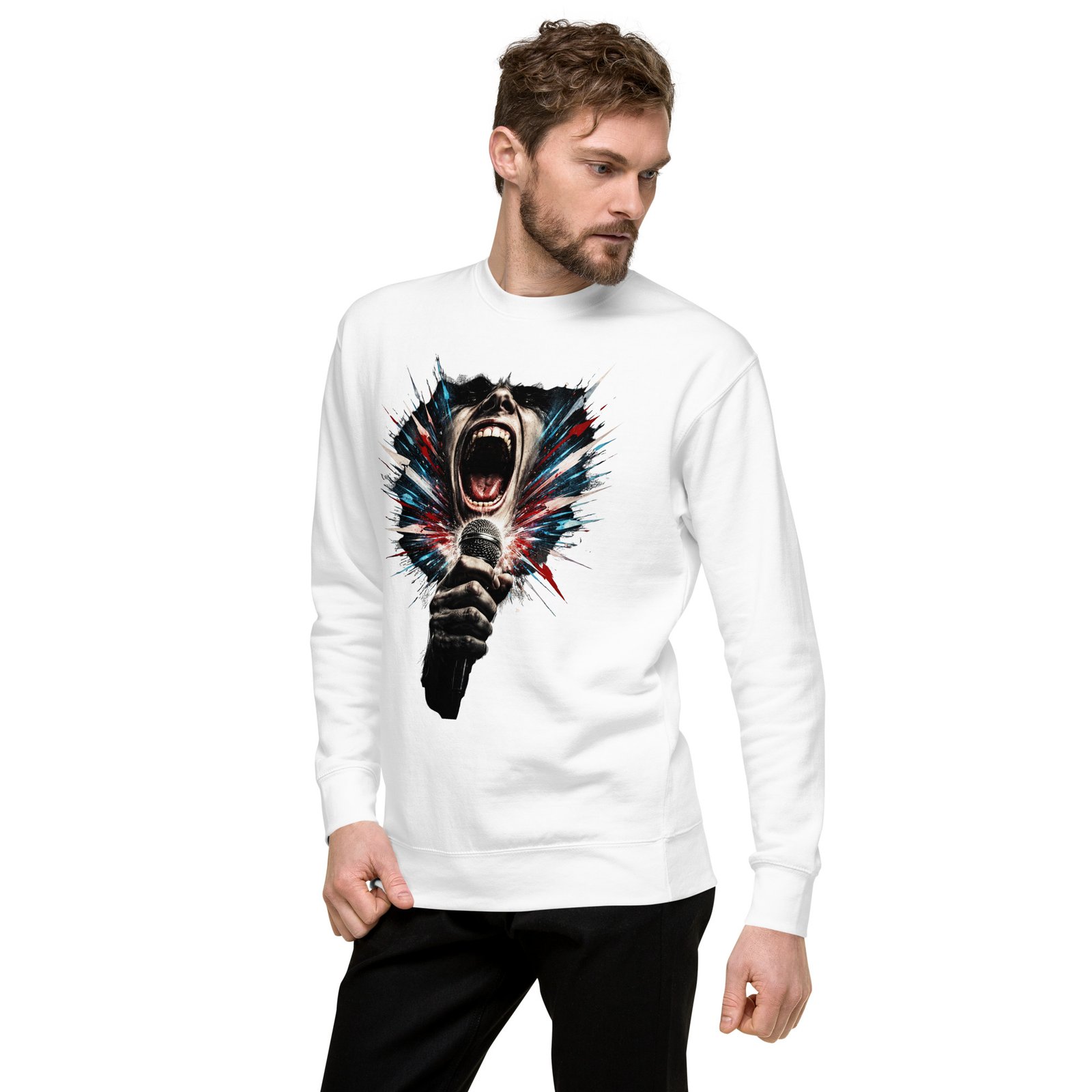 Męska bluza artystyczna „Krzyk Sceny” – bluza męska z wokalistą rockowym i mikrofonem| Zarn.pl Męska bluza artystyczna „Krzyk Sceny” – bluza męska z wokalistą rockowym i mikrofonem - obrazek 16
