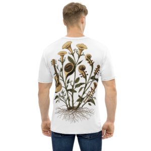 koszulka męska z muzycznymi instrumentami i kwiatami