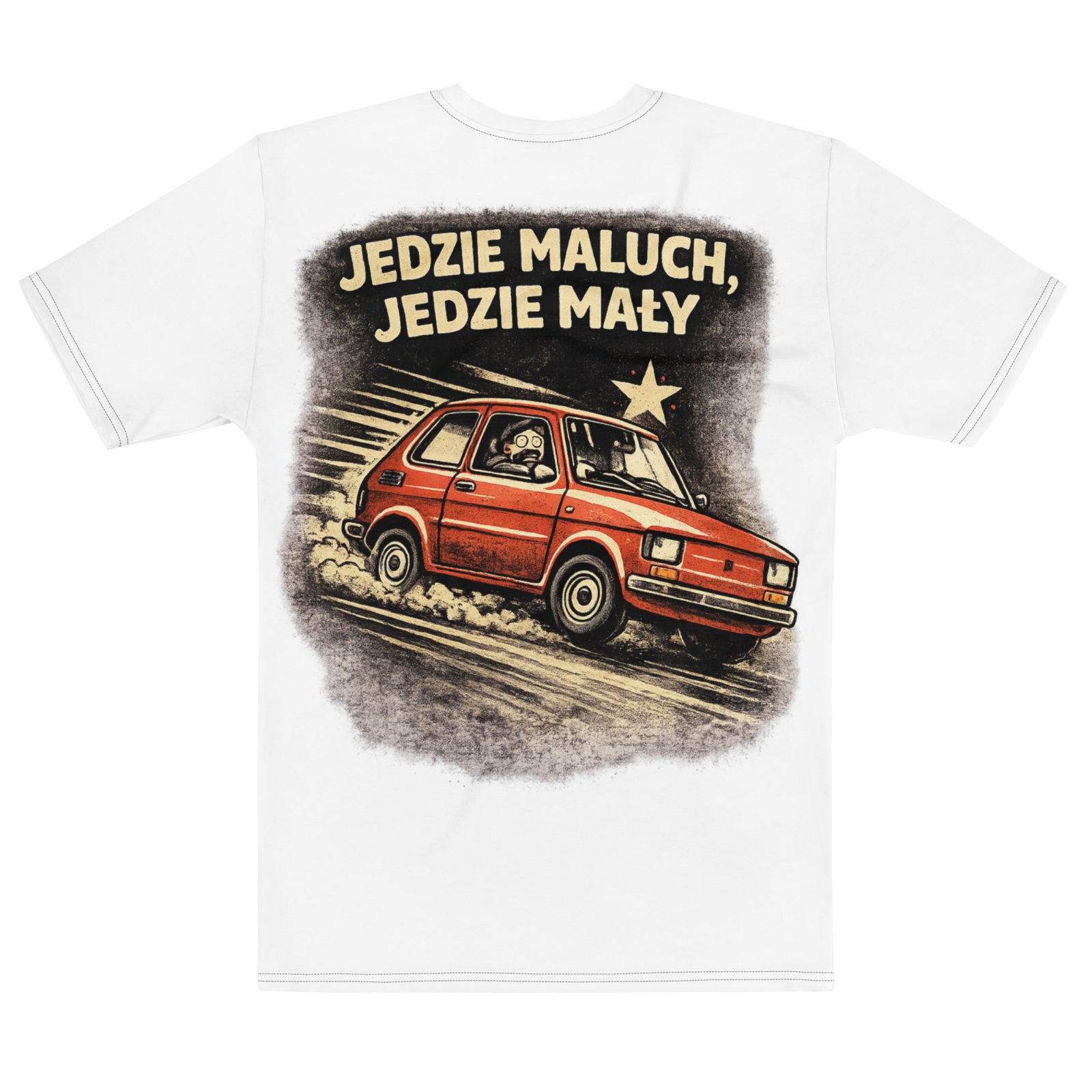 Męska koszulka PRL „Jedzie Maluch, Jedzie Mały” – koszulka męska z Fiatem 126p w stylu retro| Zarn.pl Męska koszulka PRL „Jedzie Maluch, Jedzie Mały” – koszulka męska z Fiatem 126p w stylu retro - obrazek 3