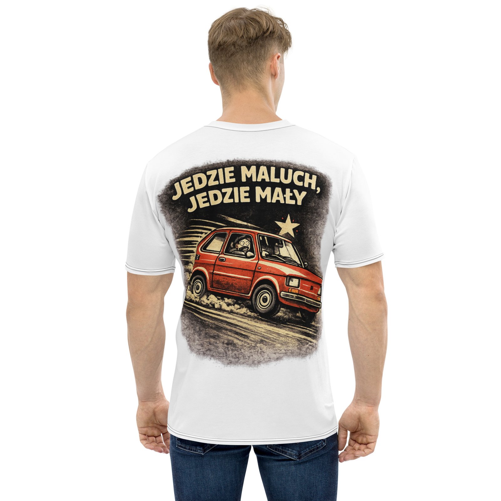 Męska koszulka PRL „Jedzie Maluch, Jedzie Mały” – koszulka męska z Fiatem 126p w stylu retro| Zarn.pl koszulka męska z Fiatem 126p w stylu retro