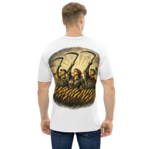 koszulka męska z rolnikami trzymającymi kosy w stylu retro