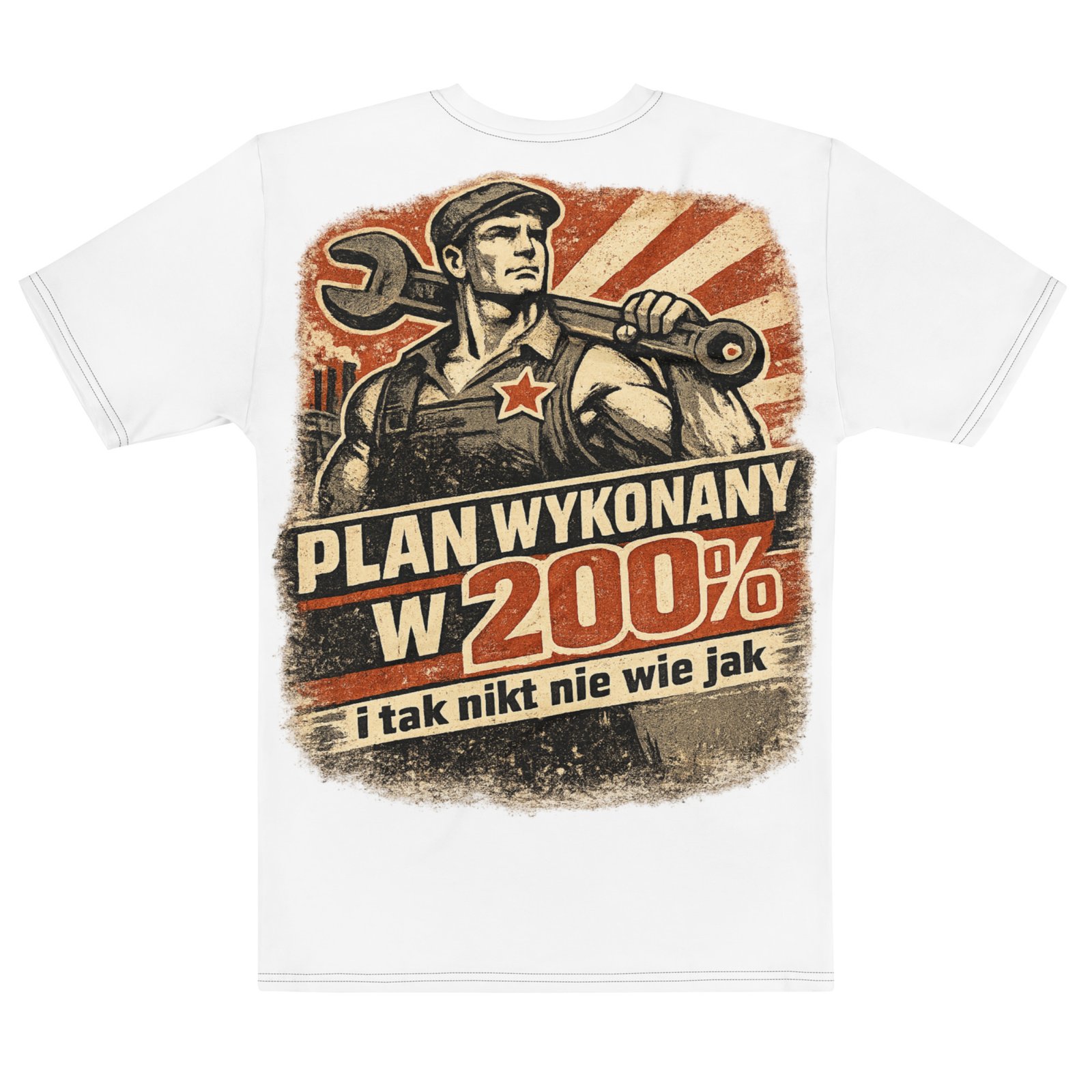 Męska koszulka PRL „Plan Wykonany w 200%” – koszulka męska z robotnikiem i kluczem w stylu propagandowym| Zarn.pl Męska koszulka PRL „Plan Wykonany w 200%” – koszulka męska z robotnikiem i kluczem w stylu propagandowym - obrazek 3