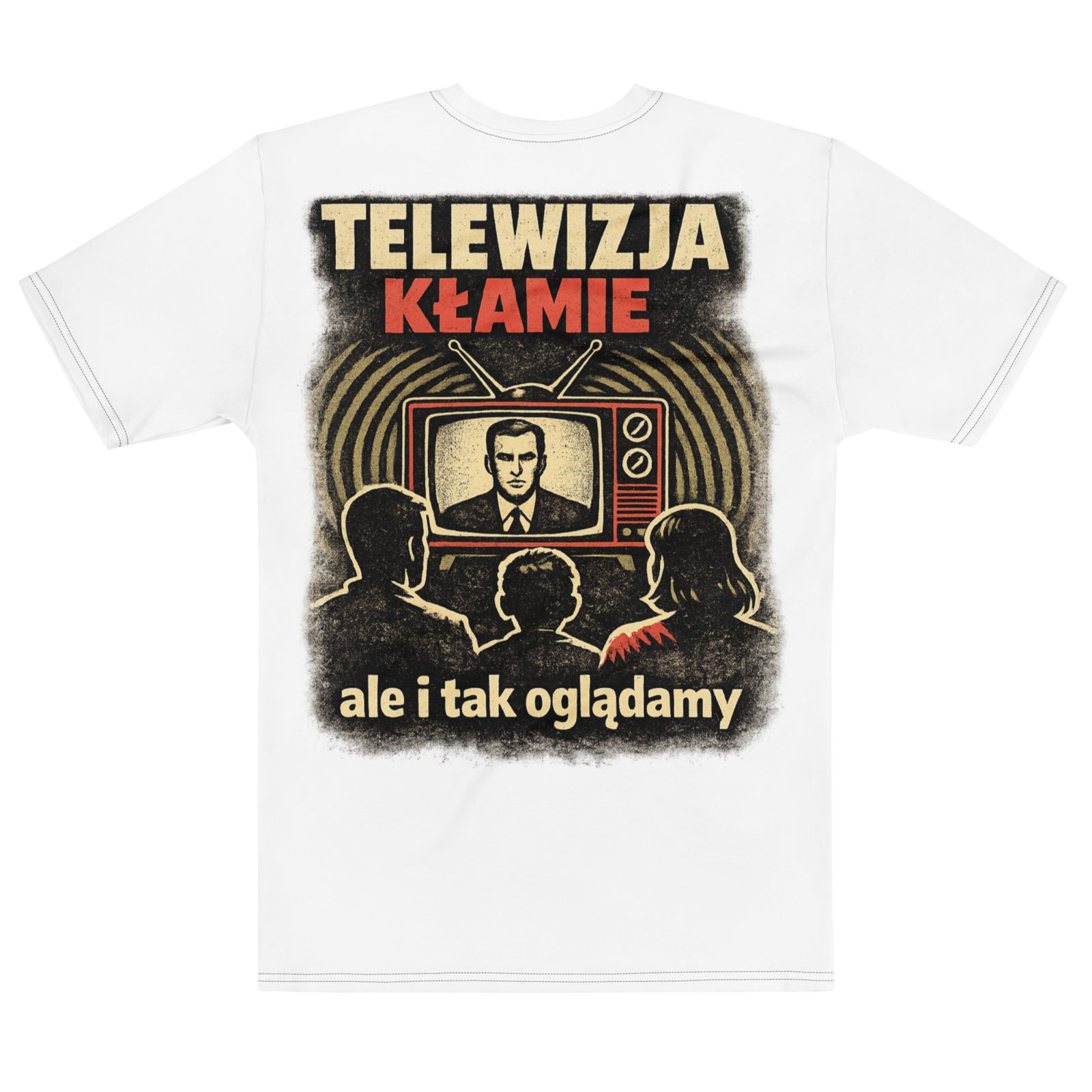 Koszulka męska „Telewizja Kłamie, ale i tak oglądamy” – koszulka retro z telewizorem i satyrycznym hasłem| Zarn.pl Koszulka męska „Telewizja Kłamie, ale i tak oglądamy” – koszulka retro z telewizorem i satyrycznym hasłem - obrazek 3