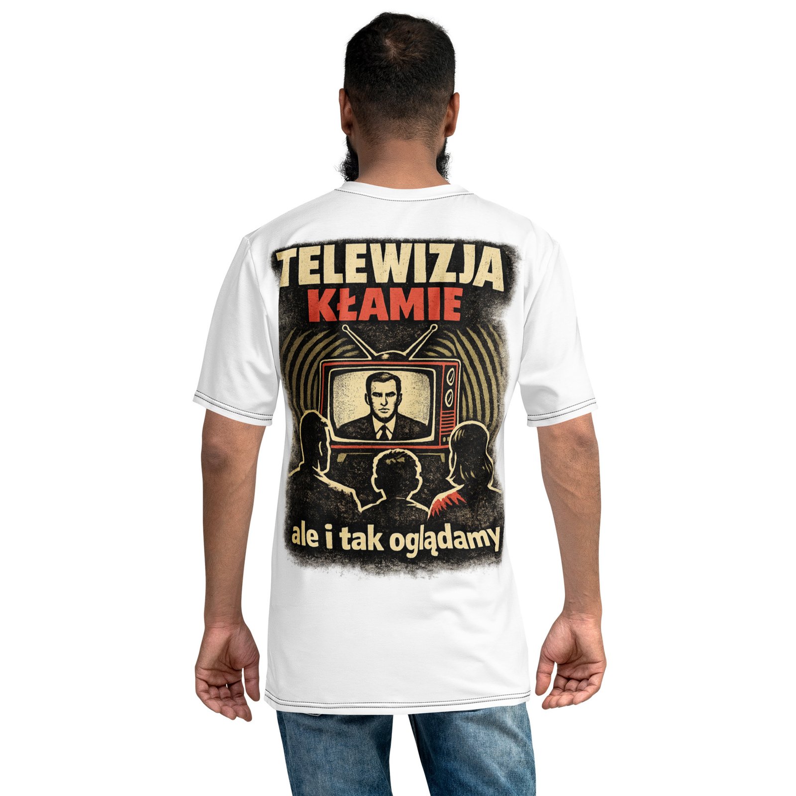 Koszulka męska „Telewizja Kłamie, ale i tak oglądamy” – koszulka retro z telewizorem i satyrycznym hasłem| Zarn.pl koszulka męska z telewizorem i satyrycznym hasłem retro