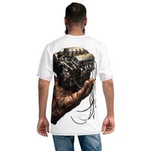 koszulka męska z grafiką silnika V8 na dłoni mechanika