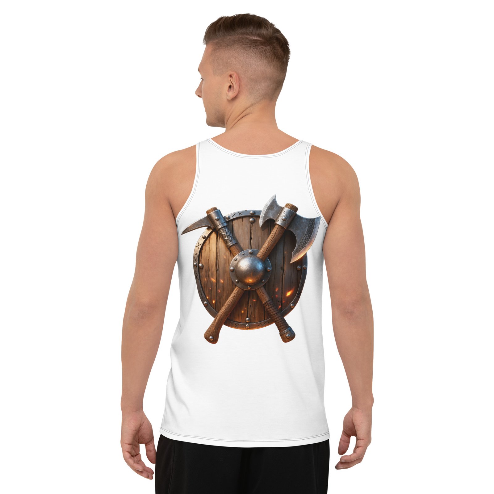 Męski tank top „Tarcza Wojownika” – tank top męski z tarczą i toporami| Zarn.pl tank top męski z tarczą i toporami