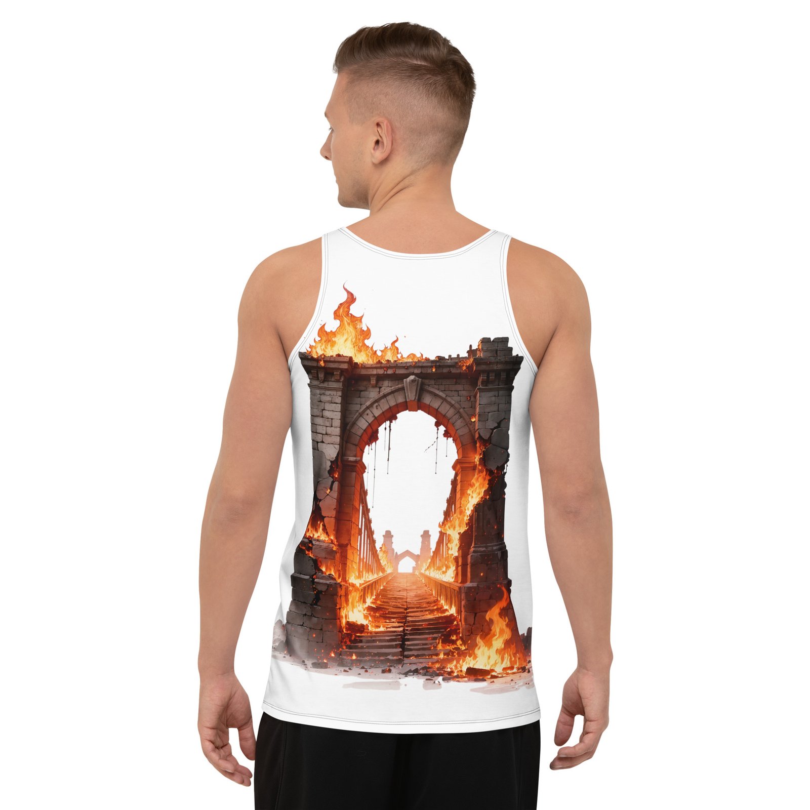 Męski tank top „Płonący Most” – tank top męski z grafika płonącego mostu| Zarn.pl tank top męski z grafika płonącego mostu