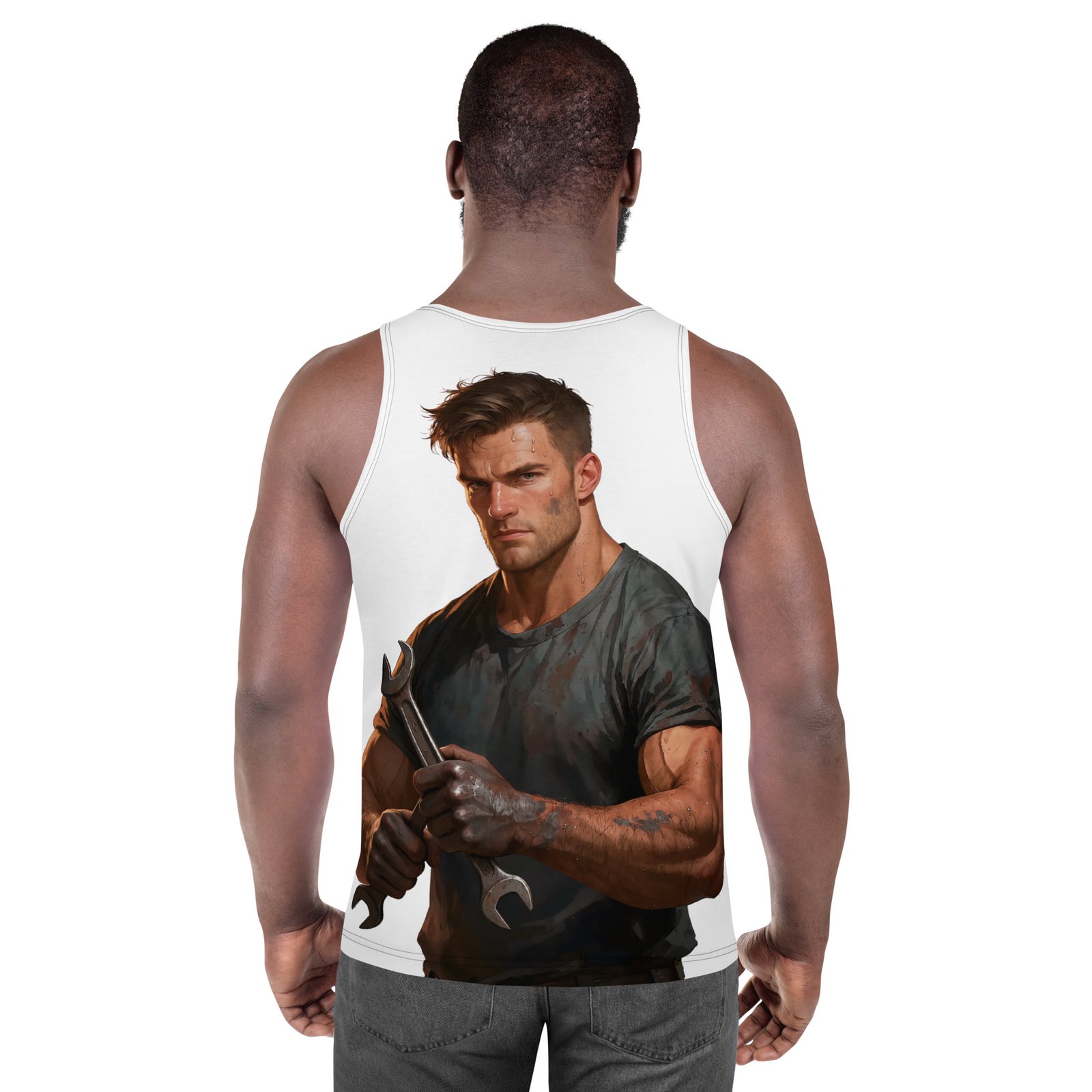 Męski tank top „Mechanik Tytan” – tank top męski z grafiką silnego mechanika| Zarn.pl tank top męski z grafiką silnego mechanika