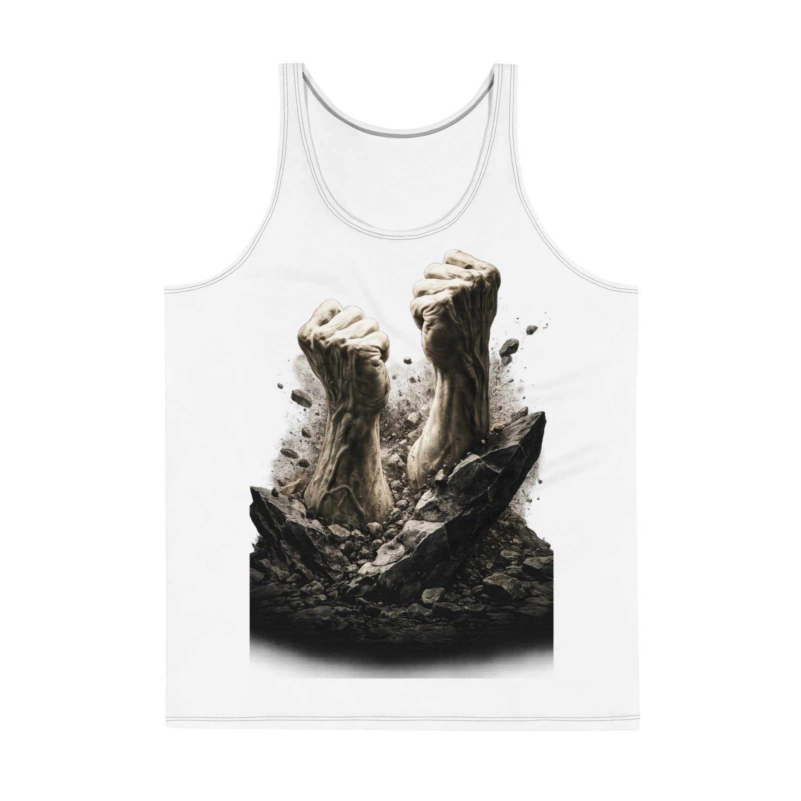 Męski tank top artystyczny „Siła Przebicia” – koszulka męska bez rękawów z grafiką przebijających się pięści| Zarn.pl Męski tank top artystyczny „Siła Przebicia” – koszulka męska bez rękawów z grafiką przebijających się pięści - obrazek 2