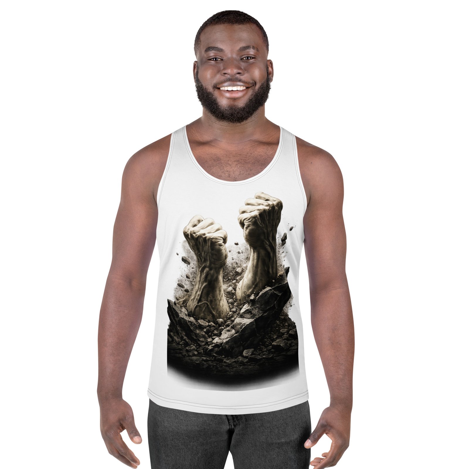 Męski tank top artystyczny „Siła Przebicia” – koszulka męska bez rękawów z grafiką przebijających się pięści| Zarn.pl koszulka męska bez rękawów z grafiką przebijających się pięści