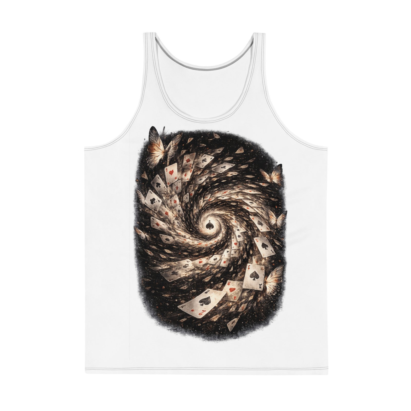 Męski tank top artystyczny „Wir Kart Przeznaczenia” – koszulka męska bez rękawów z grafiką wirujących kart do gry| Zarn.pl Męski tank top artystyczny „Wir Kart Przeznaczenia” – koszulka męska bez rękawów z grafiką wirujących kart do gry - obrazek 2