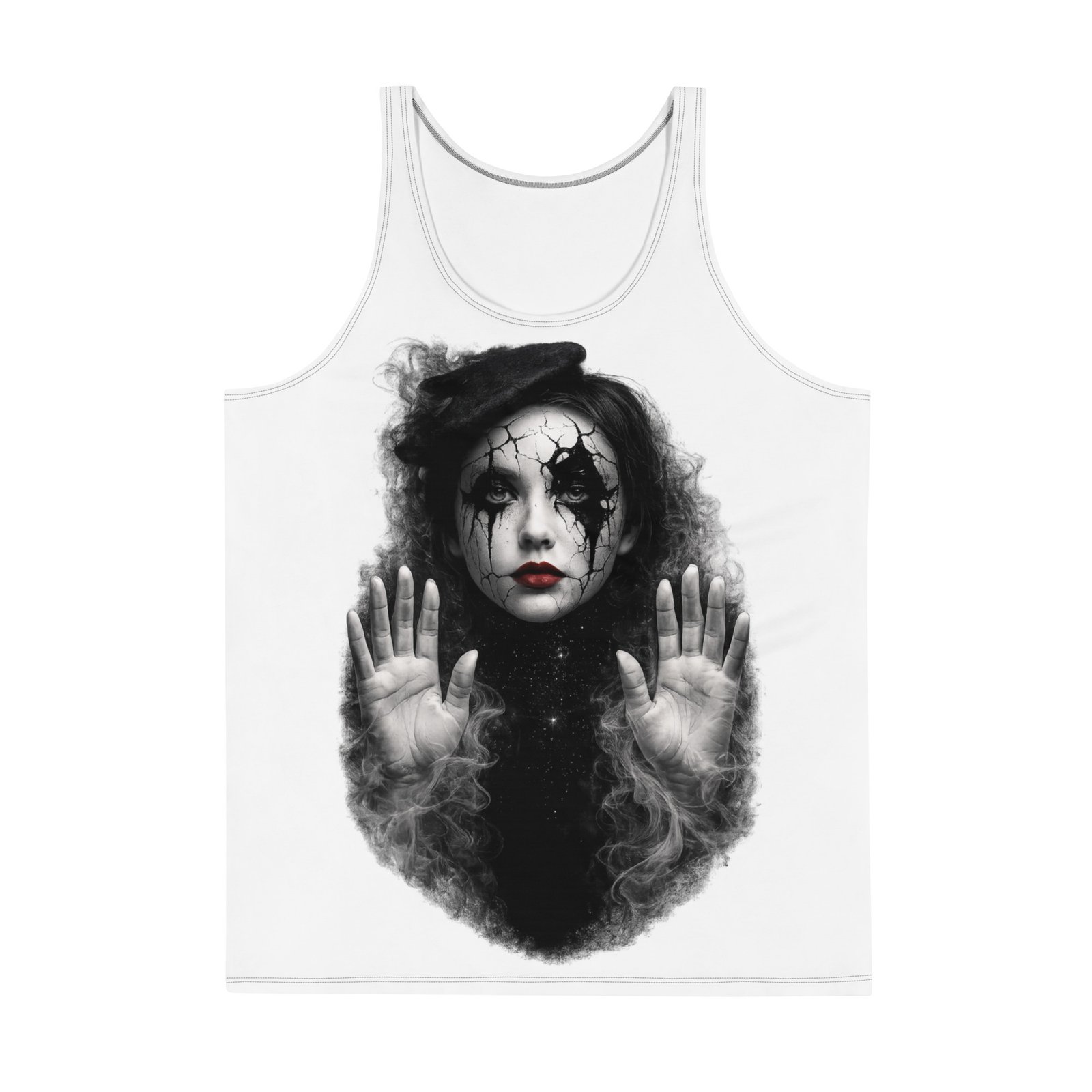 Męski tank top artystyczny „Pęknięta Marionetka” – koszulka męska bez rękawów z grafiką tajemniczej kobiety| Zarn.pl Męski tank top artystyczny „Pęknięta Marionetka” – koszulka męska bez rękawów z grafiką tajemniczej kobiety - obrazek 2