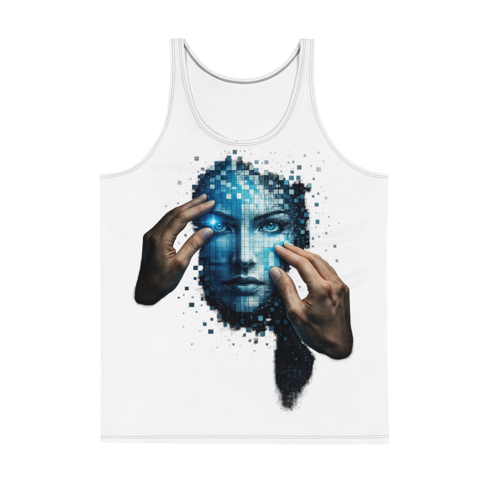 Męski tank top artystyczny „Cyfrowa Tożsamość” – koszulka męska bez rękawów z grafiką futurystycznej twarzy AI| Zarn.pl Męski tank top artystyczny „Cyfrowa Tożsamość” – koszulka męska bez rękawów z grafiką futurystycznej twarzy AI - obrazek 2