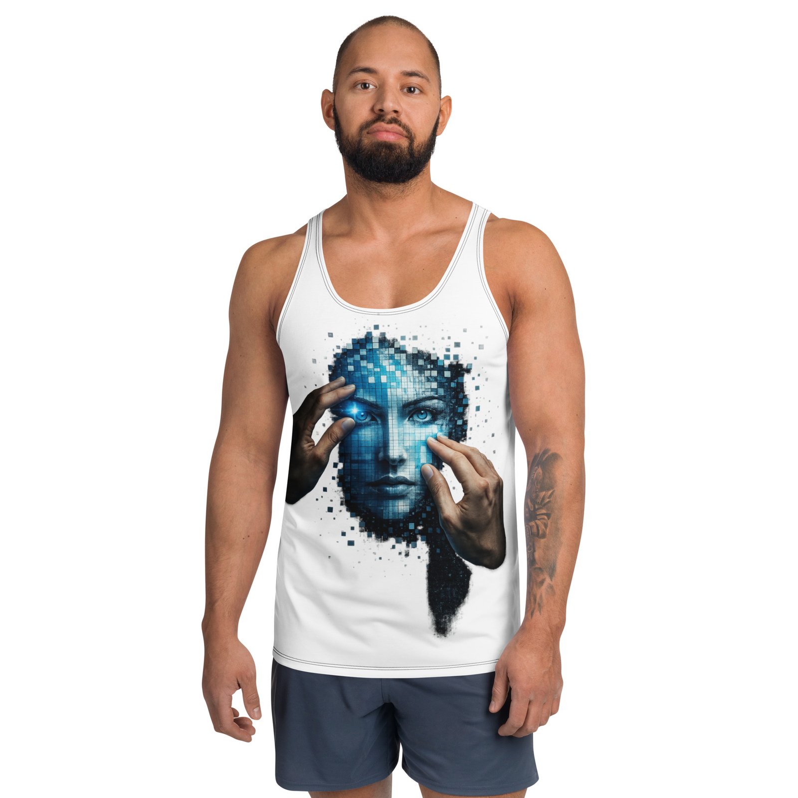Męski tank top artystyczny „Cyfrowa Tożsamość” – koszulka męska bez rękawów z grafiką futurystycznej twarzy AI| Zarn.pl koszulka męska bez rękawów z grafiką futurystycznej twarzy AI