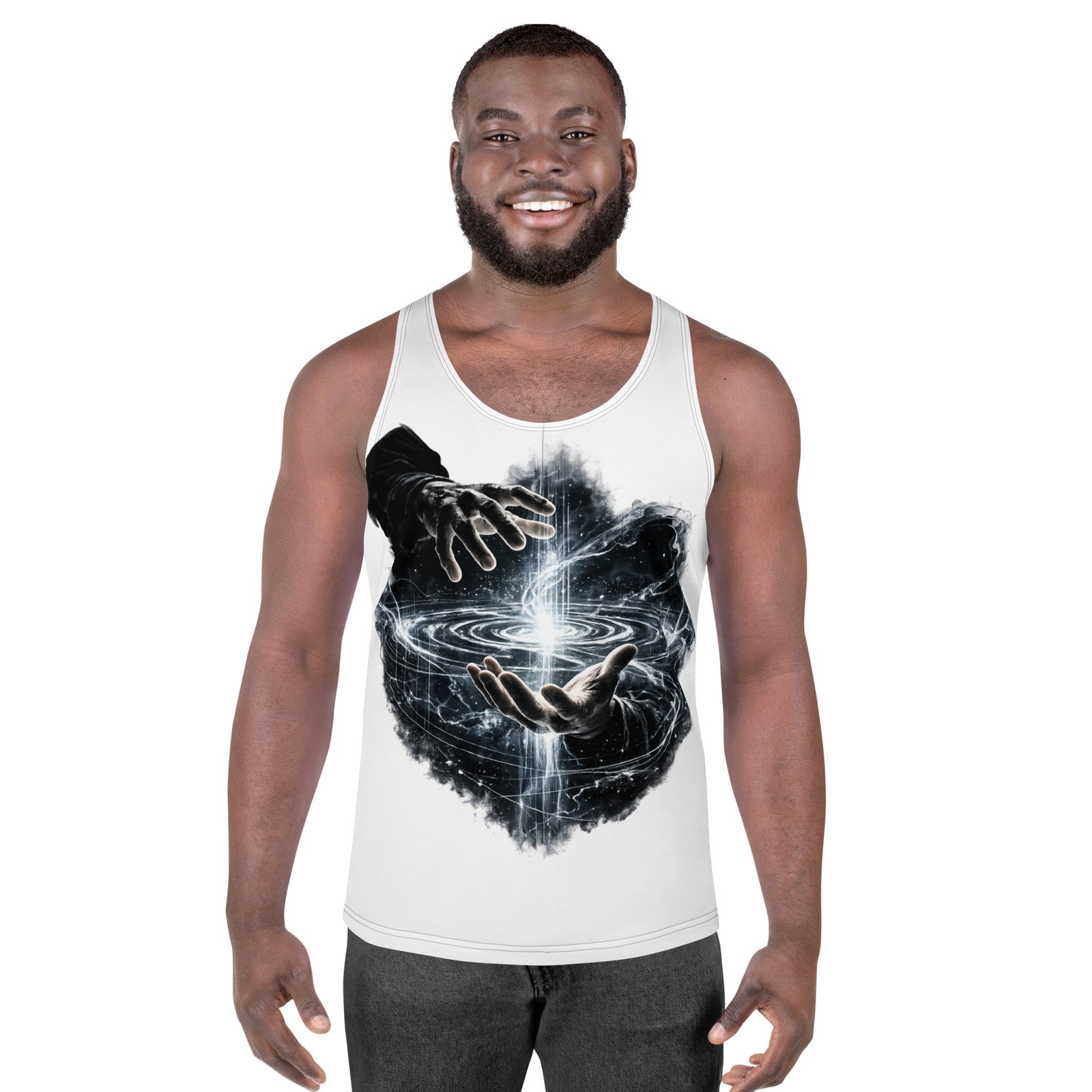 Męski tank top artystyczny „Źródło Energii” – koszulka męska bez rękawów z grafiką kosmicznej energii| Zarn.pl koszulka męska bez rękawów z grafiką kosmicznej energii