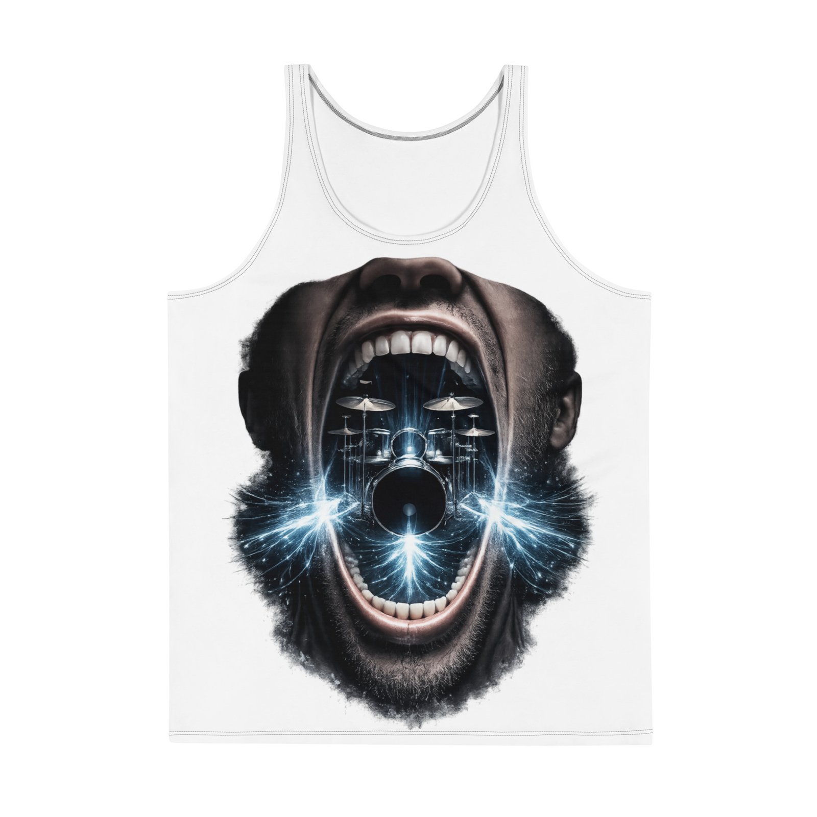 Męski tank top artystyczny „Krzyk Muzyki” – koszulka męska bez rękawów z grafiką otwartych ust i perkusji| Zarn.pl Męski tank top artystyczny „Krzyk Muzyki” – koszulka męska bez rękawów z grafiką otwartych ust i perkusji - obrazek 2