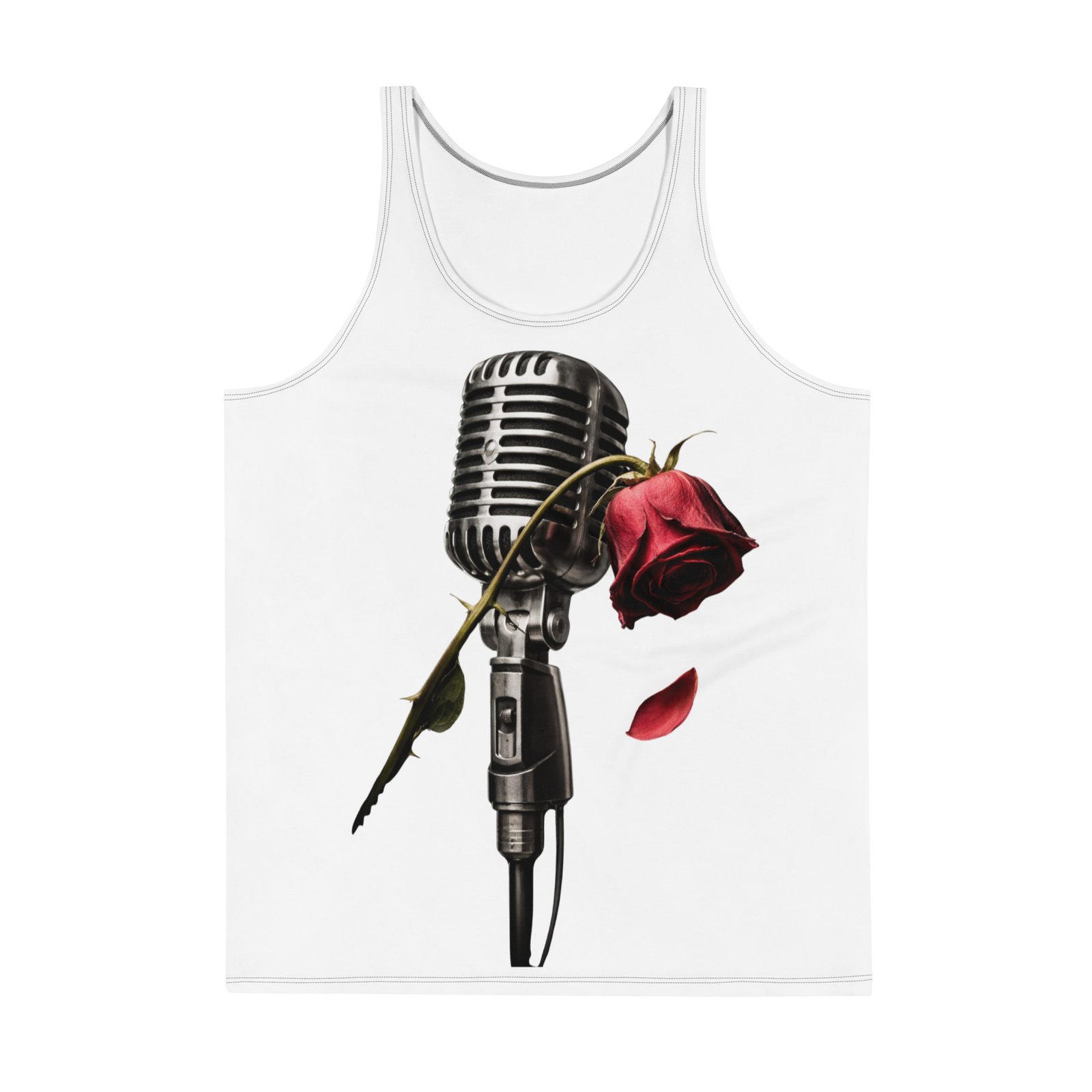 Męska koszulka bez rękawów „Vintage Rose Mic” – koszulka męska z mikrofonem i czerwoną różą| Zarn.pl Męska koszulka bez rękawów „Vintage Rose Mic” – koszulka męska z mikrofonem i czerwoną różą - obrazek 2