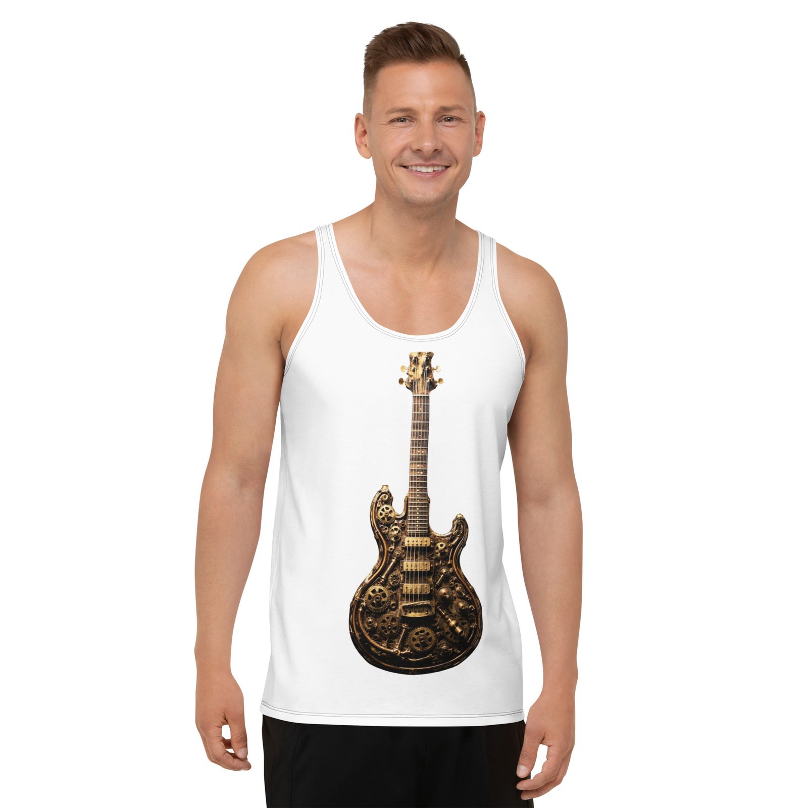 Męska koszulka bez rękawów „Steampunk Guitar” – koszulka męska z gitarą steampunk| Zarn.pl koszulka męska z gitarą steampunk