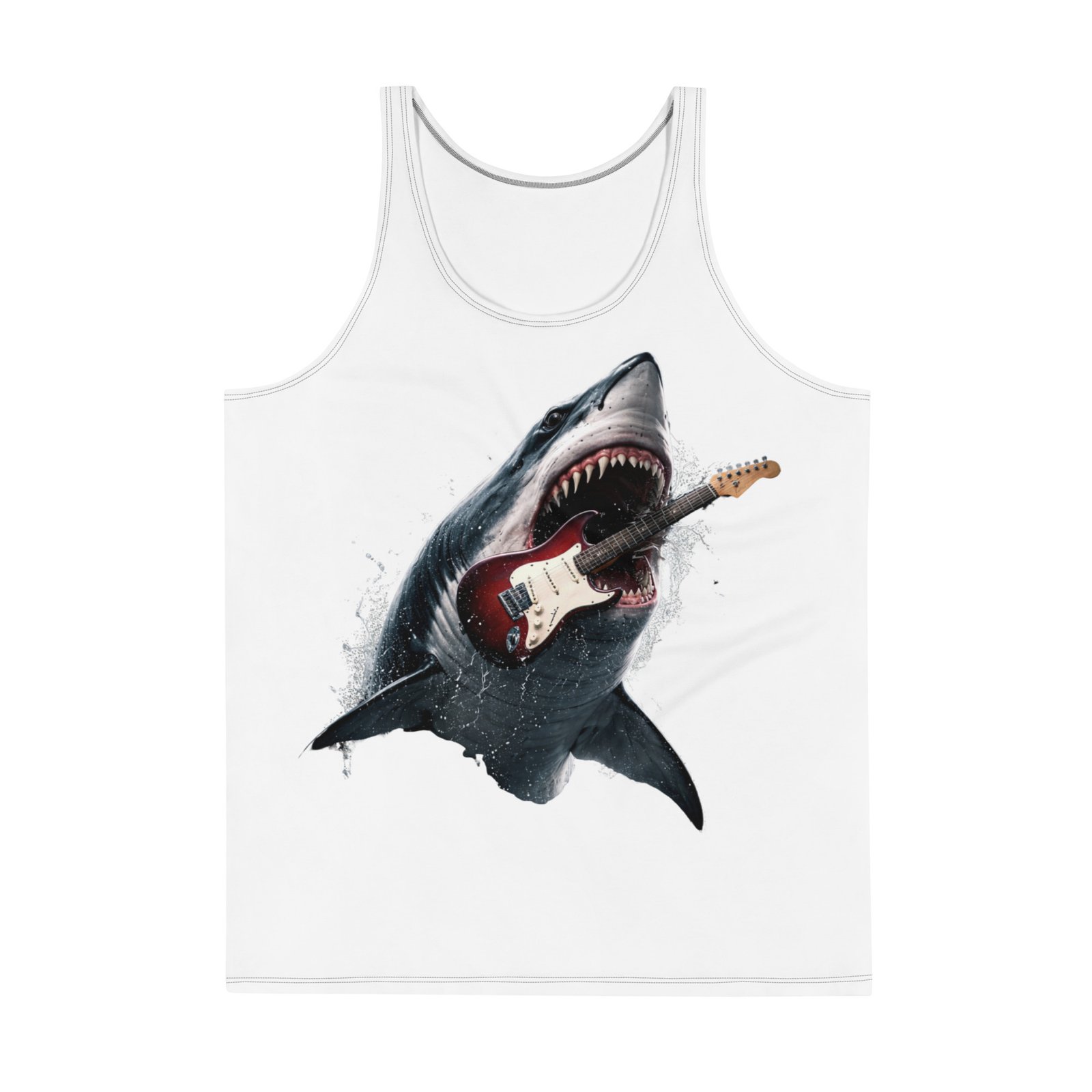 Męska koszulka bez rękawów „Shark Rock” – koszulka męska z rekinem i gitarą elektryczną| Zarn.pl Męska koszulka bez rękawów „Shark Rock” – koszulka męska z rekinem i gitarą elektryczną - obrazek 2