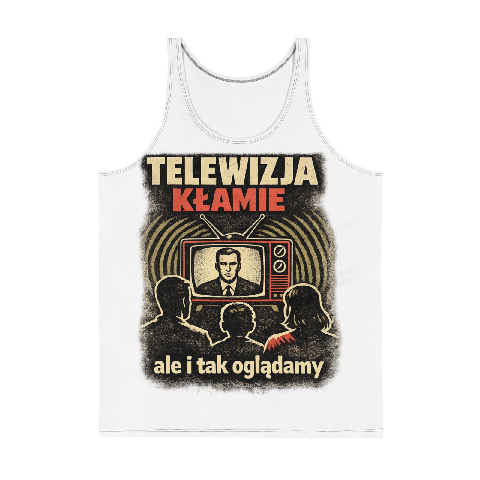 Męski tank top „Telewizja kłamie, ale i tak oglądamy” – męska koszulka bez rękawów PRL z ironiczną grafiką| Zarn.pl Męski tank top „Telewizja kłamie, ale i tak oglądamy” – męska koszulka bez rękawów PRL z ironiczną grafiką - obrazek 2