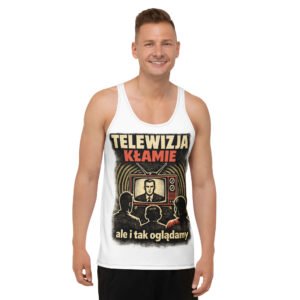 męski tank top PRL z napisem Telewizja kłamie ale i tak oglądamy