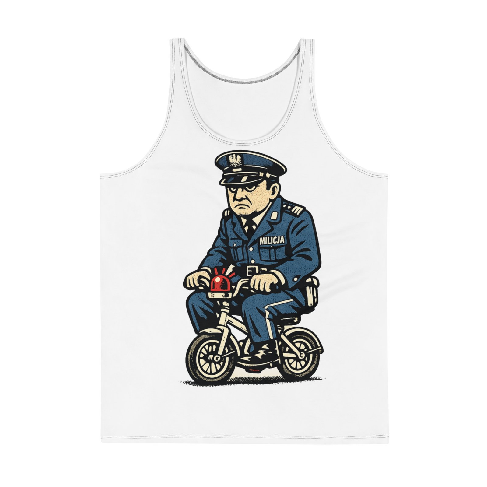 Męski tank top „Milicjant na rowerku” – męska koszulka bez rękawów PRL z humorystyczną grafiką| Zarn.pl Męski tank top „Milicjant na rowerku” – męska koszulka bez rękawów PRL z humorystyczną grafiką - obrazek 2
