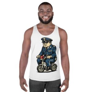 męski tank top PRL z grafiką milicjanta na rowerku