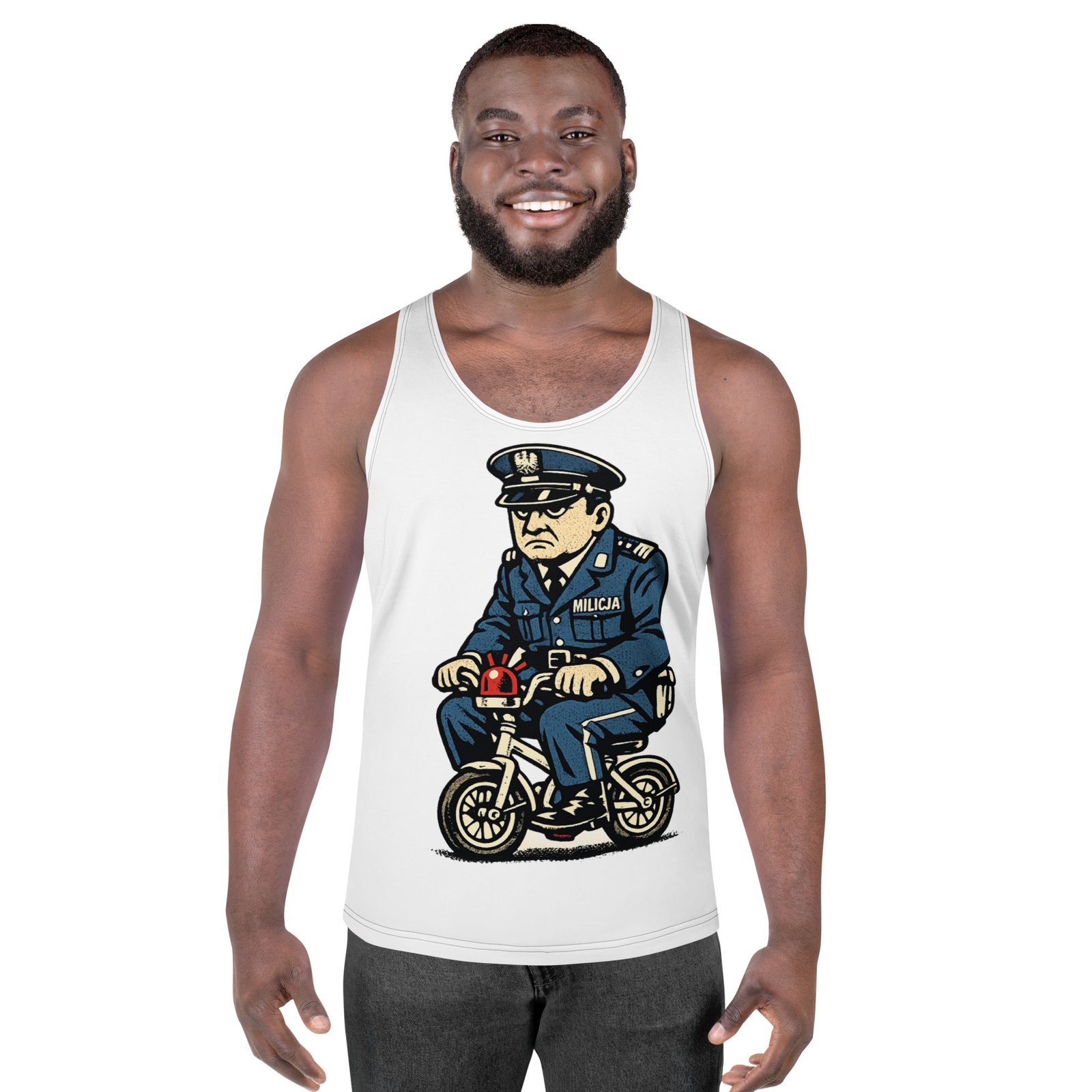 Męski tank top „Milicjant na rowerku” – męska koszulka bez rękawów PRL z humorystyczną grafiką| Zarn.pl męski tank top PRL z grafiką milicjanta na rowerku