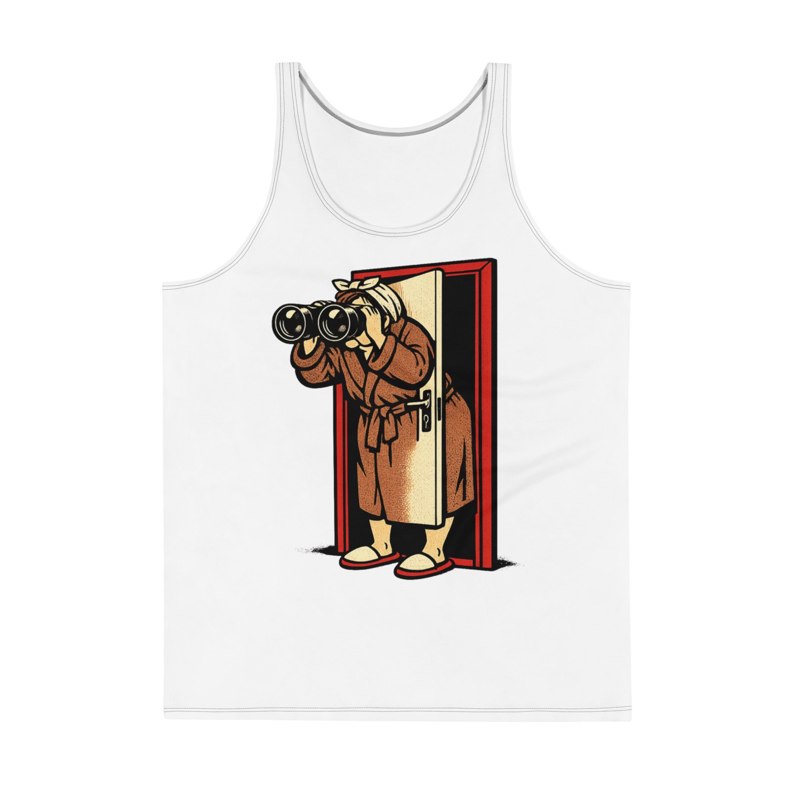 Męski tank top „Ciekawska sąsiadka” – męska koszulka bez rękawów PRL z humorystyczną grafiką| Zarn.pl Męski tank top „Ciekawska sąsiadka” – męska koszulka bez rękawów PRL z humorystyczną grafiką - obrazek 2