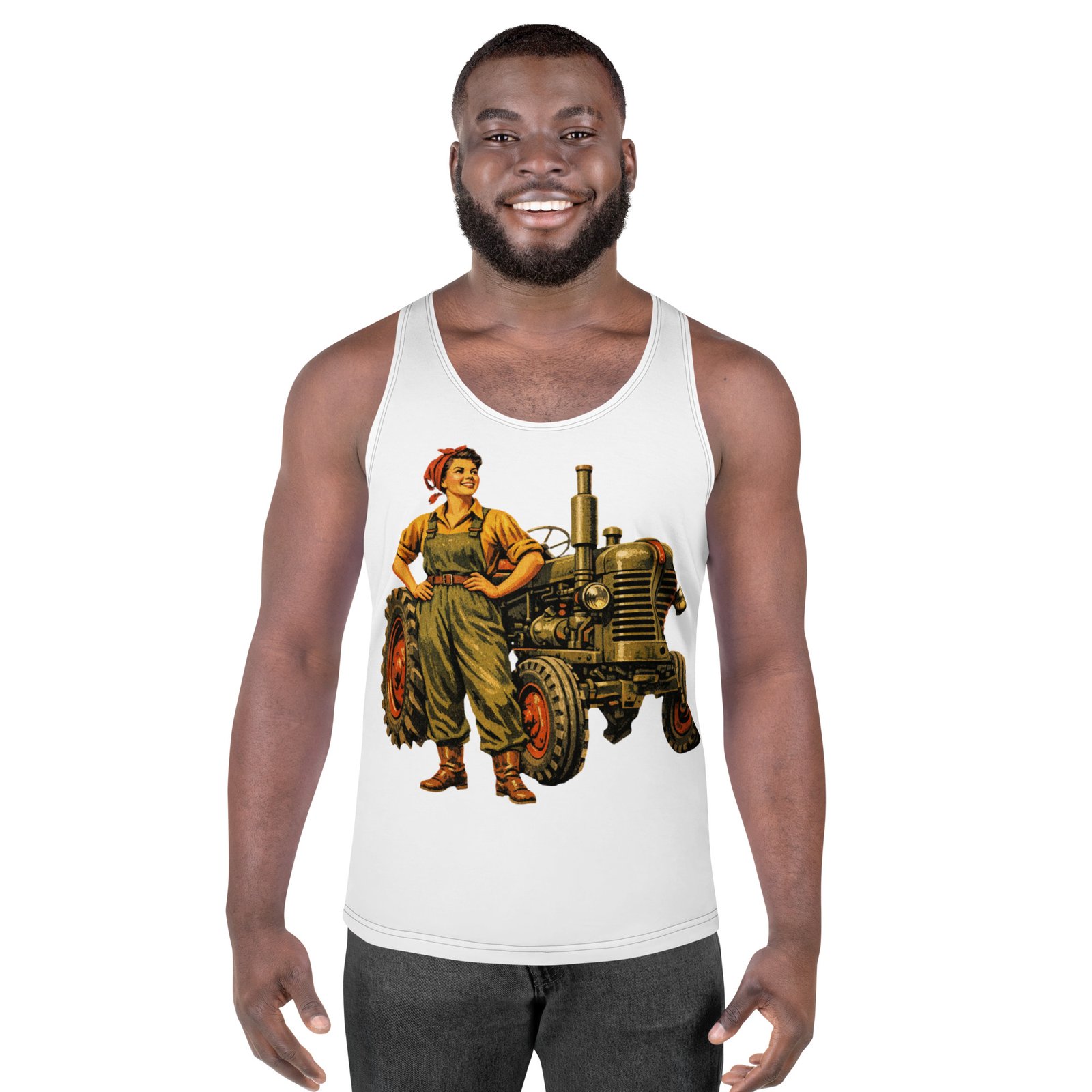 Męski tank top „Traktorzystka PRL” – męska koszulka bez rękawów z grafiką kobiety i ciągnika| Zarn.pl męski tank top PRL z grafiką traktorzystki i ciągnika