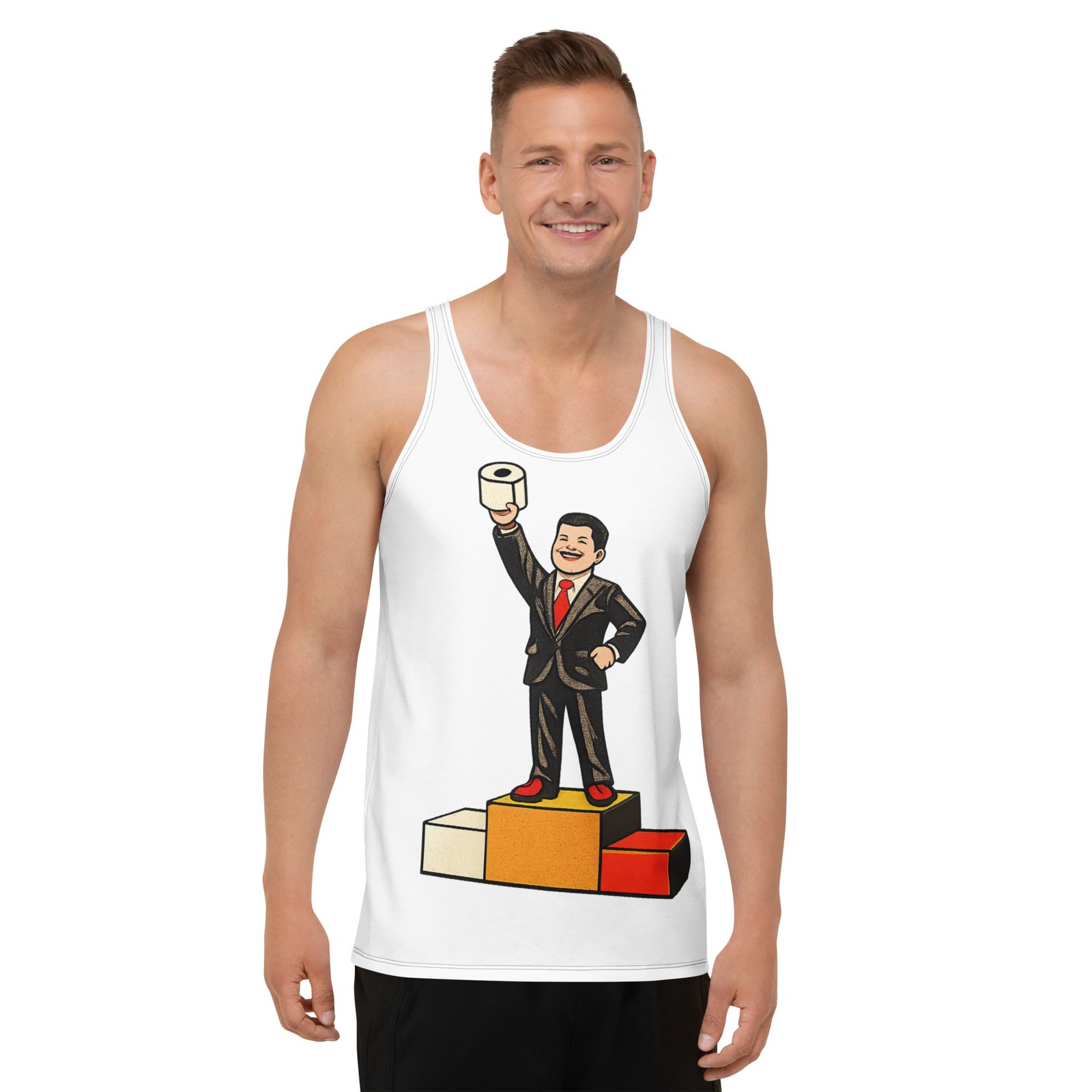 Męski tank top „Papier toaletowy zwycięzcy” – męska koszulka bez rękawów PRL z humorystyczną grafiką| Zarn.pl męski tank top PRL z grafiką papieru toaletowego