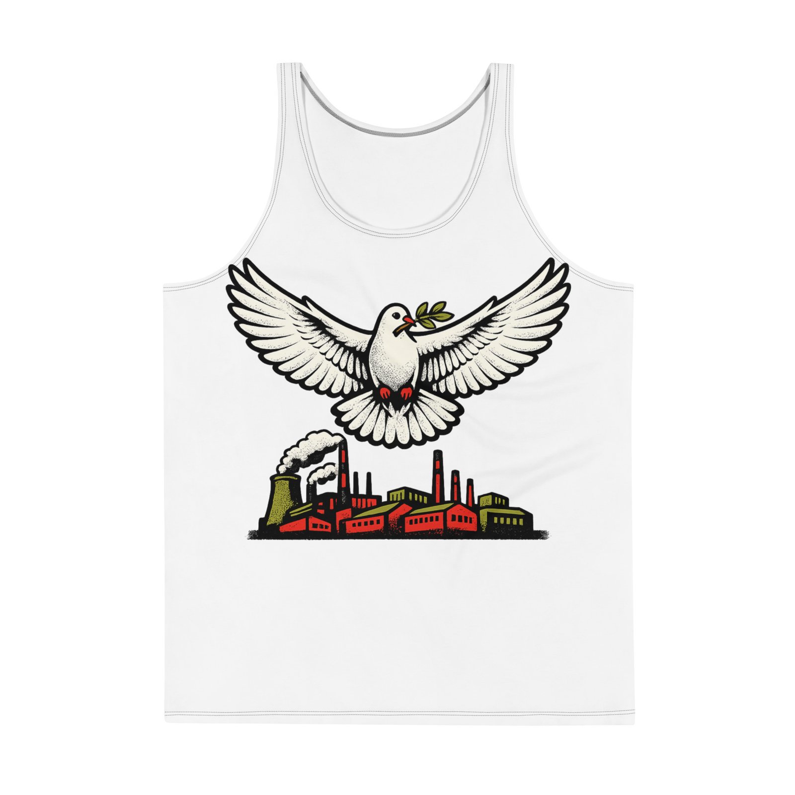 Męski tank top „Gołąb pokoju nad fabryką” – męska koszulka bez rękawów PRL z grafiką retro| Zarn.pl Męski tank top „Gołąb pokoju nad fabryką” – męska koszulka bez rękawów PRL z grafiką retro - obrazek 2