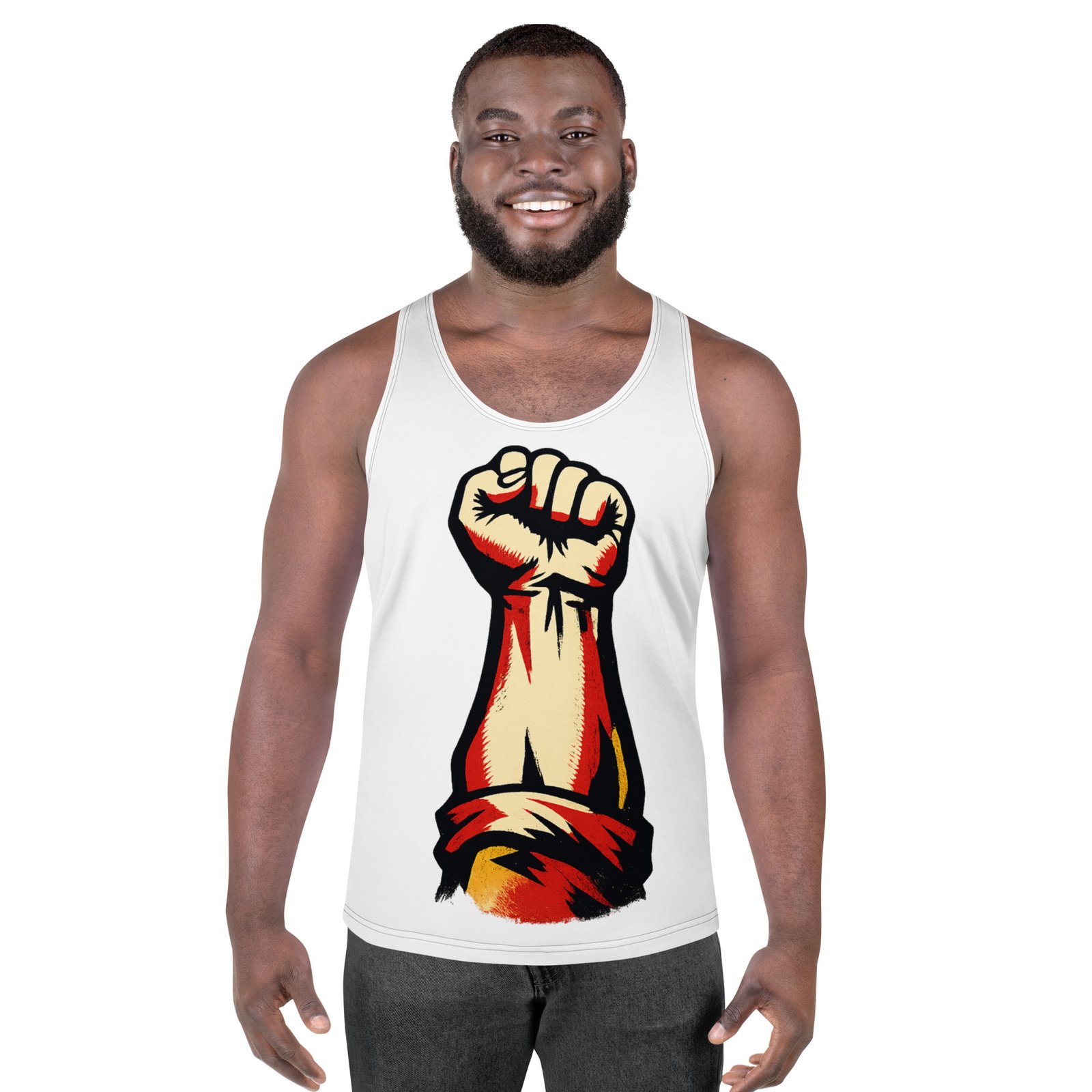 Męski tank top „Zaciśnięta pięść” – męska koszulka bez rękawów PRL z grafiką retro| Zarn.pl męski tank top PRL z grafiką zaciśniętej pięści