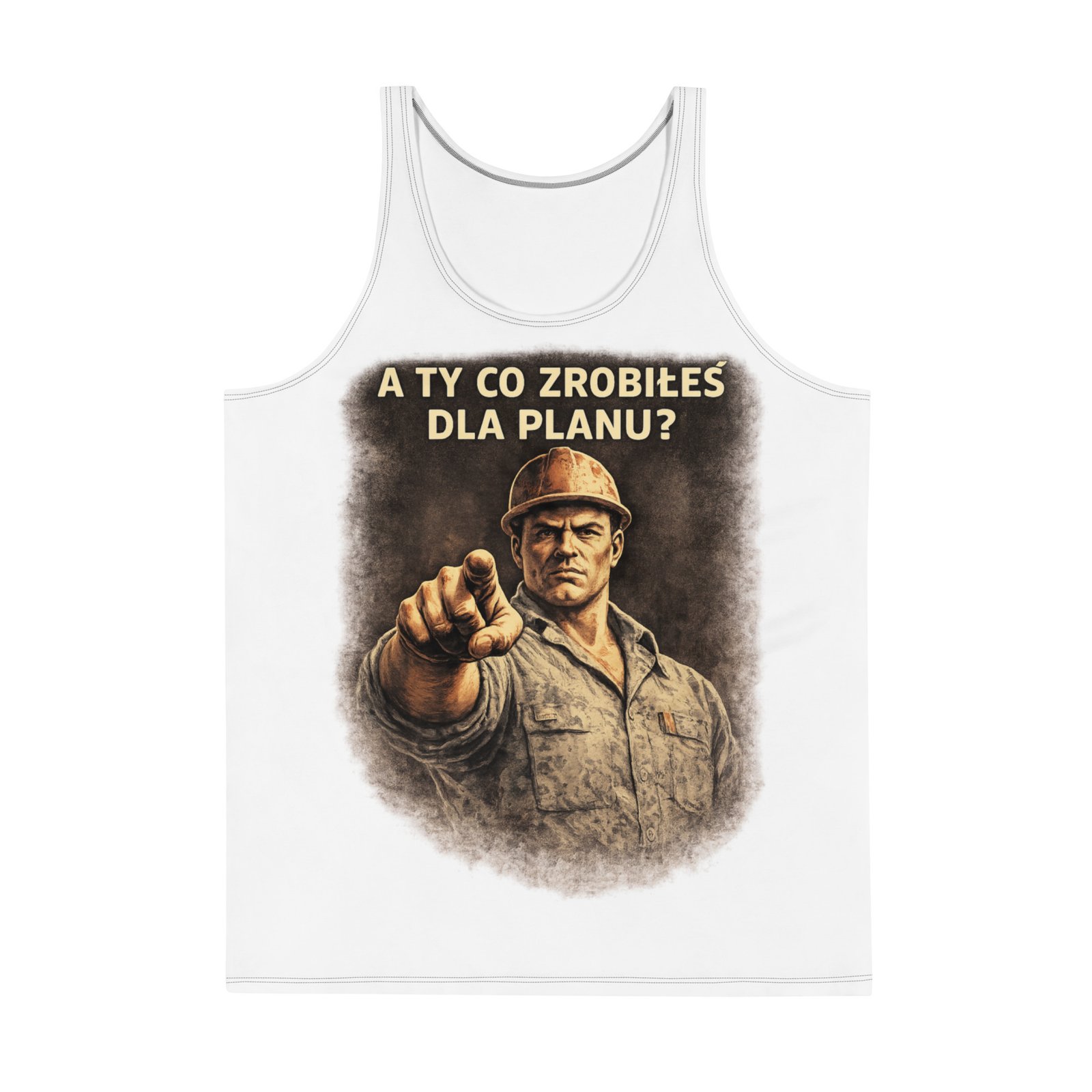 Męski tank top „A Ty co zrobiłeś dla planu?” – koszulka bez rękawów PRL z grafiką retro| Zarn.pl Męski tank top „A Ty co zrobiłeś dla planu?” – koszulka bez rękawów PRL z grafiką retro - obrazek 2