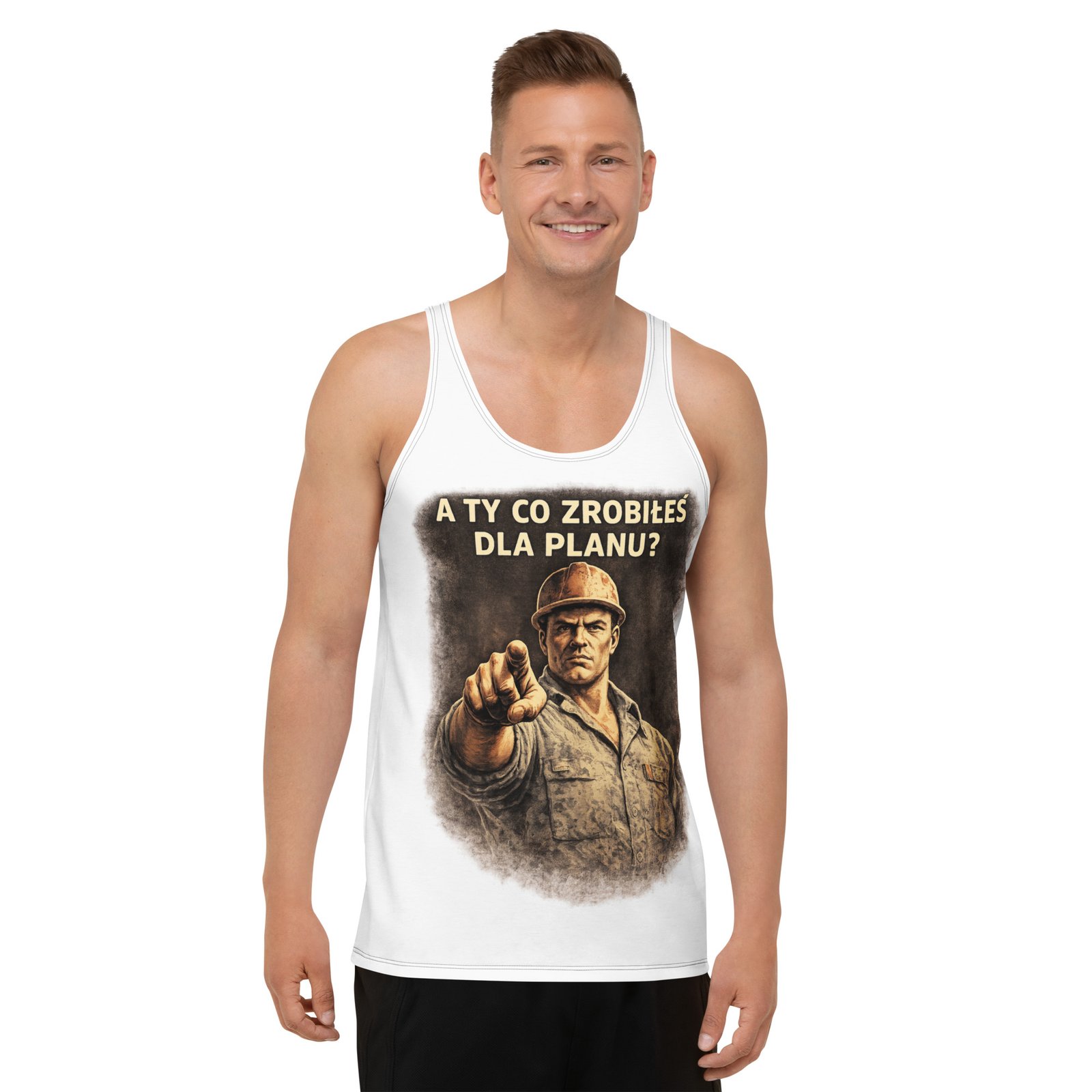 Męski tank top „A Ty co zrobiłeś dla planu?” – koszulka bez rękawów PRL z grafiką retro| Zarn.pl męski tank top PRL A Ty co zrobiłeś dla planu