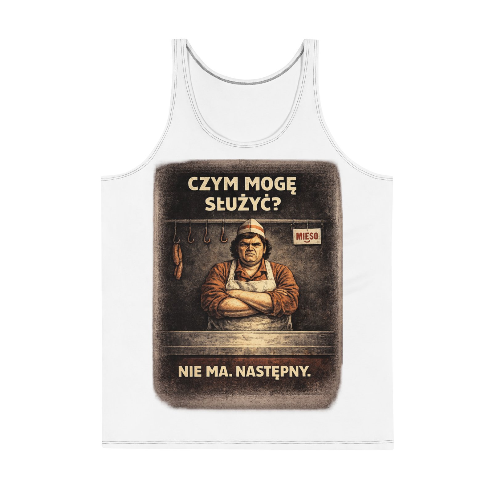 Męski tank top „Czym mogę służyć? Nie ma. Następny.” – koszulka bez rękawów PRL z humorem retro| Zarn.pl Męski tank top „Czym mogę służyć? Nie ma. Następny.” – koszulka bez rękawów PRL z humorem retro - obrazek 2