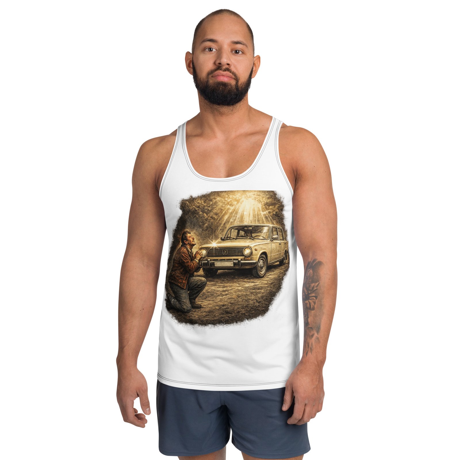 Męski tank top „Miłość do klasyka” – koszulka bez rękawów dla fana klasycznej motoryzacji| Zarn.pl męski tank top klasyczny samochód retro dla fana motoryzacji