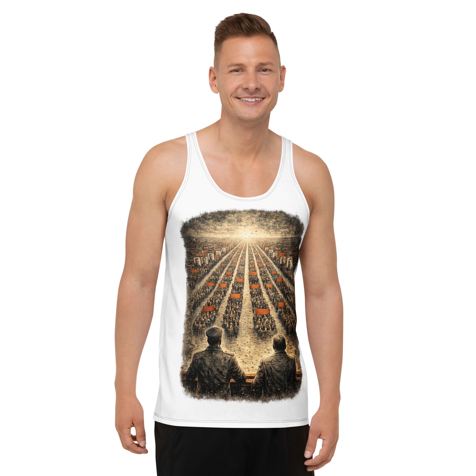 Męski tank top „Marsz ku przyszłości” – koszulka bez rękawów z grafiką w stylu retro| Zarn.pl męski tank top retro z monumentalną grafiką w stylu vintage