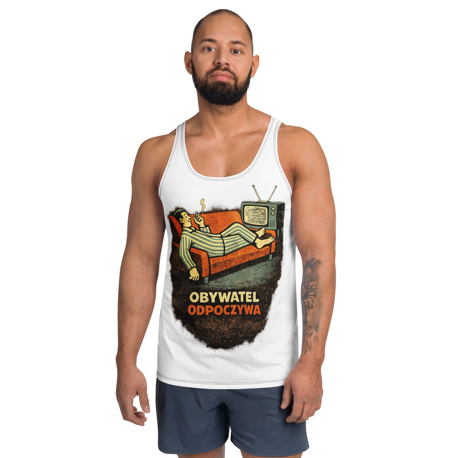 Męski tank top „Obywatel odpoczywa” – koszulka bez rękawów z humorystycznym nadrukiem retro| Zarn.pl męski tank top Obywatel odpoczywa