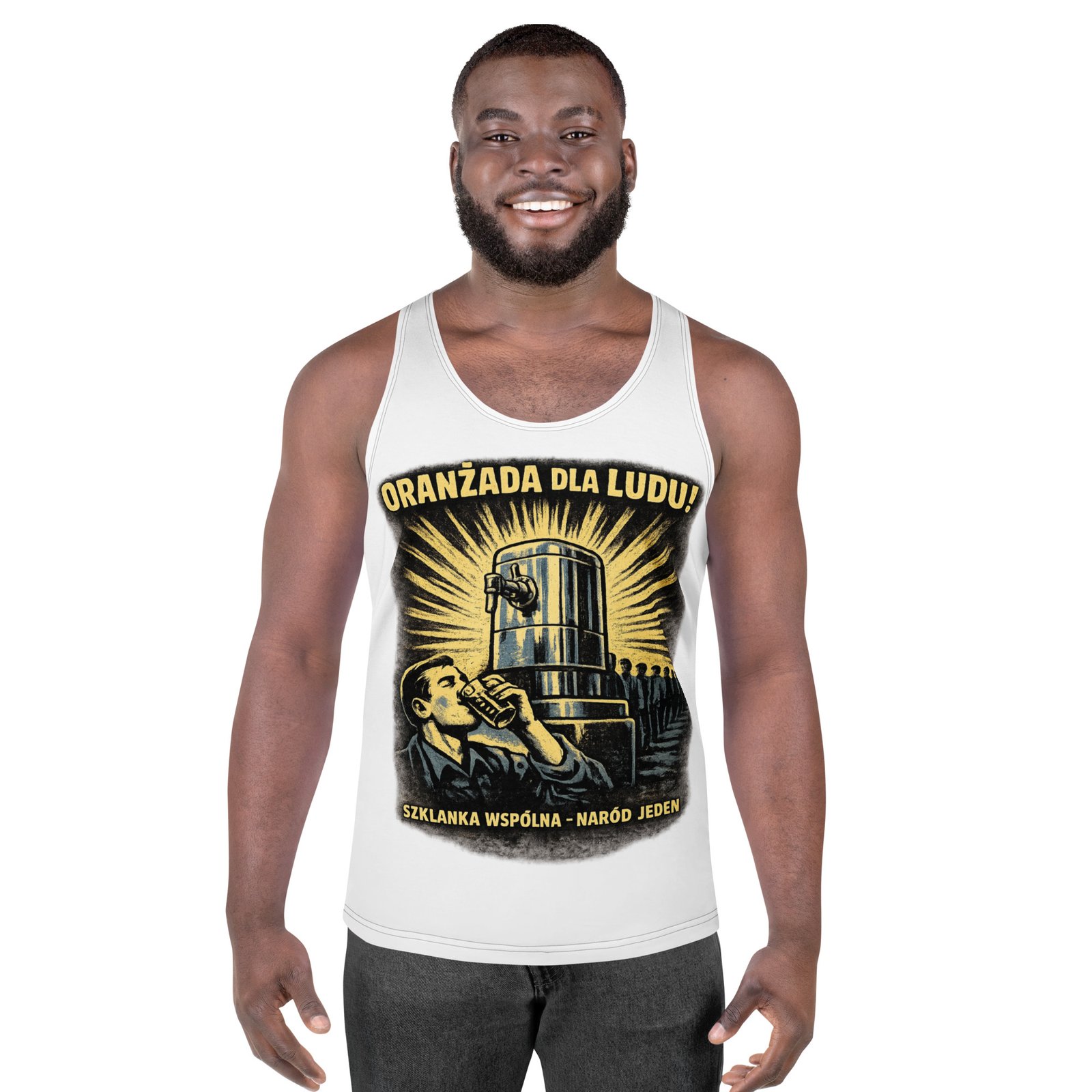 Męski tank top „Oranżada dla ludu!” – humorystyczna koszulka bez rękawów w stylu retro| Zarn.pl męski tank top Oranżada dla ludu