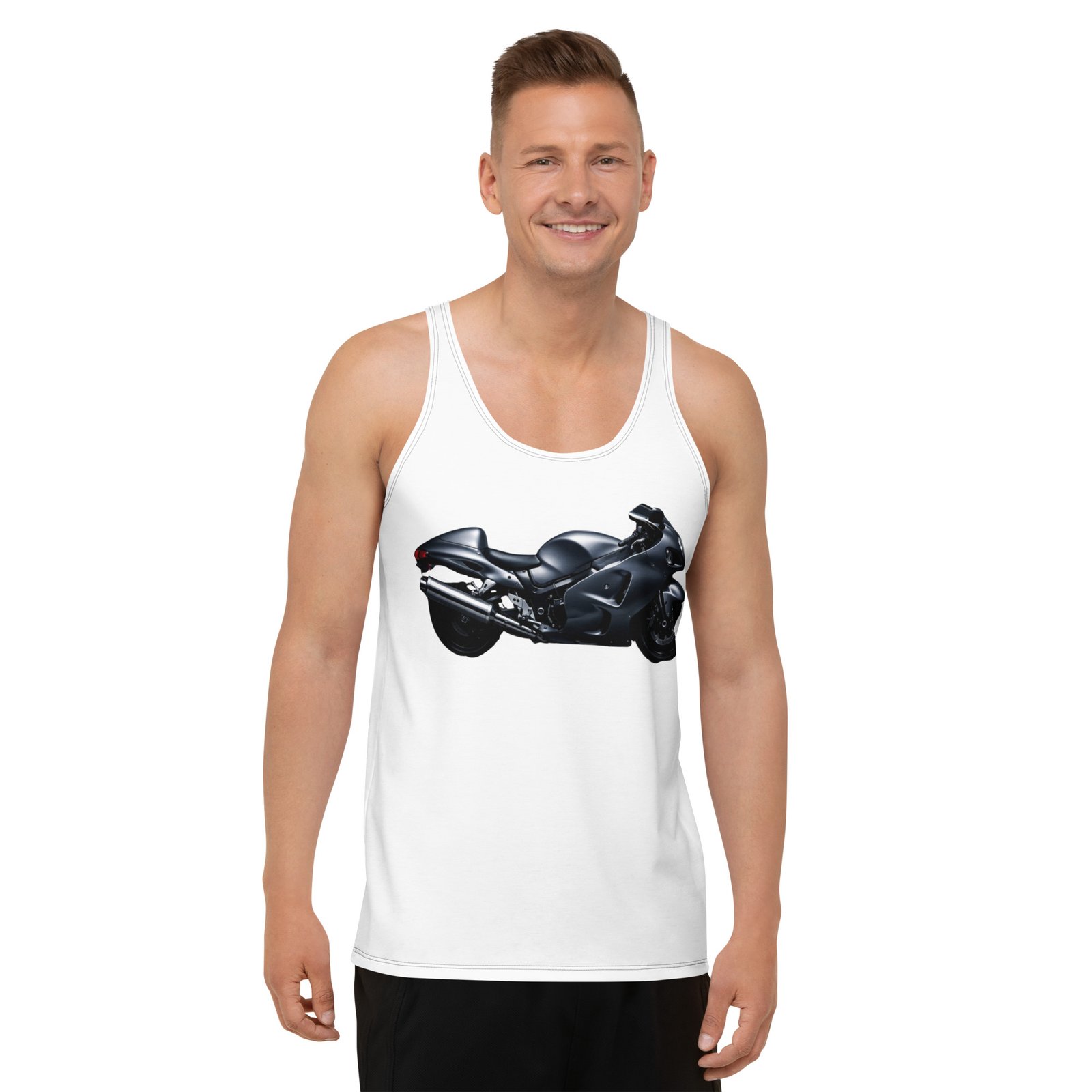 Męski tank top „Czarny Motocykl Sportowy” – koszulka męska bez rękawów z grafiką czarnego motocykla sportowego| Zarn.pl koszulka męska bez rękawów z grafiką czarnego motocykla sportowego